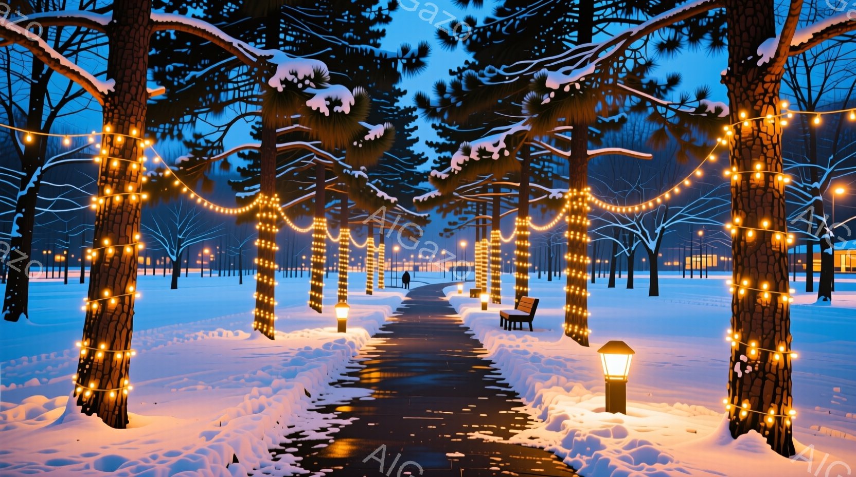 雪に覆われた一軒家が、暖かい光で照らされています。家の周りにはクリスマスのイルミネーションが飾られ、窓からは柔らかな光が漏れています。背景には暗い森が広がり、雪景色の中で家は温かく、平和な雰囲気を醸し出しています。