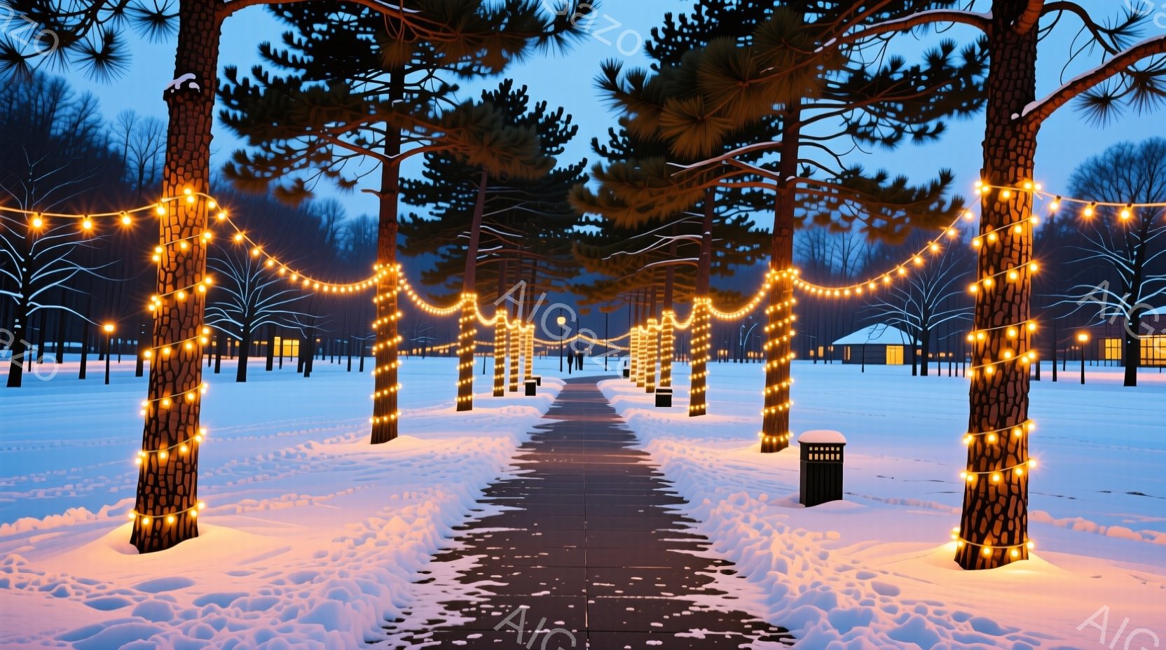 雪に覆われた遊歩道を、電飾で飾られた木々が両側から囲み、暖かい光を投げかけている。遠景には建物が見え、空は夕暮れ時のような青色で、冬の静寂で平和な雰囲気が漂っている。遊歩道は真っ白な雪に覆われ、まるで冬の童話の世界に入り込んだような印象を与える。