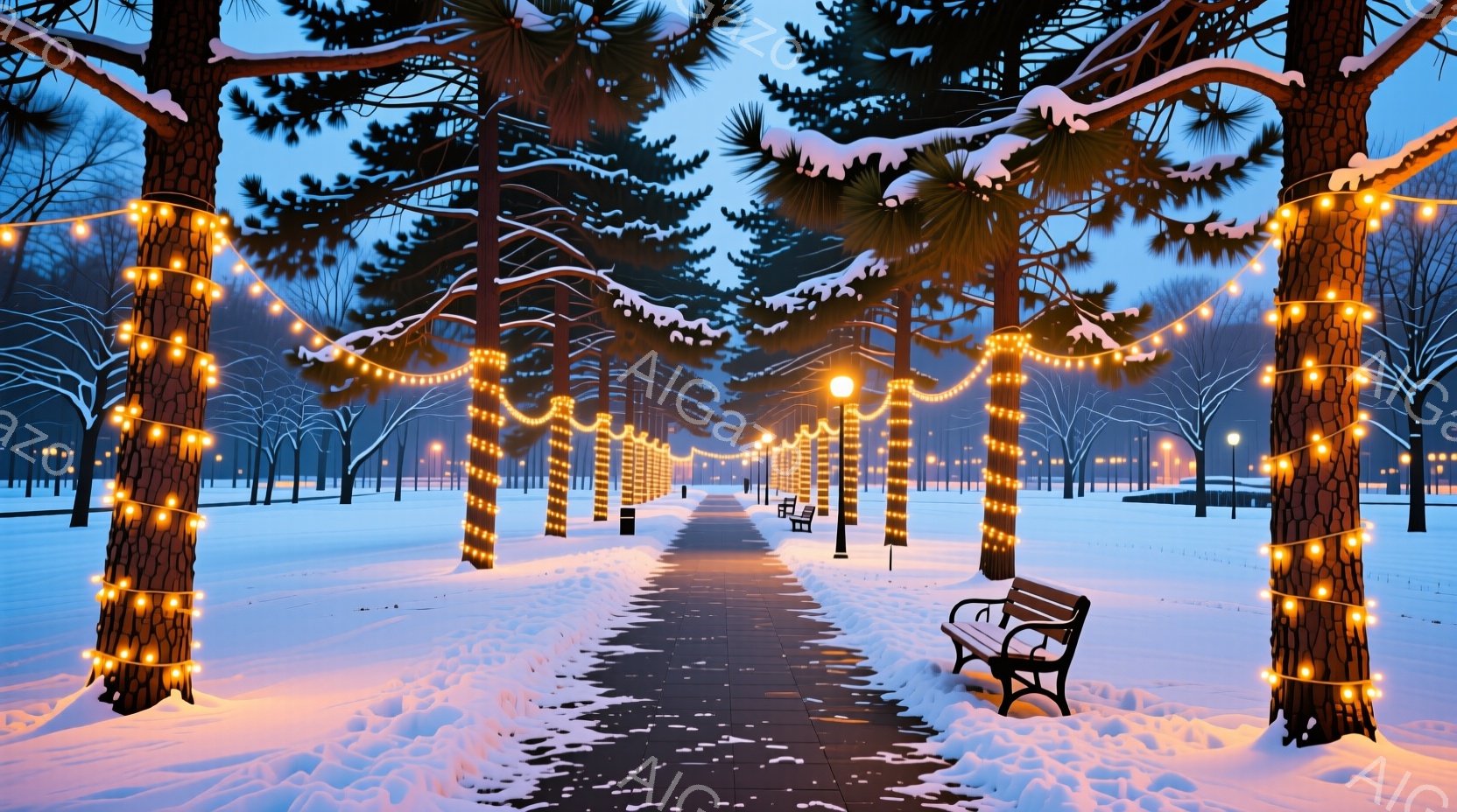 雪が降り積もった公園の遊歩道が、温かい光のイルミネーションで飾られています。高い木々が両側から遊歩道を挟み、ベンチが一つ置かれています。冬の静寂と光の温かさが混ざり合い、穏やかで幻想的な雰囲気を醸し出 - AI生成フリー素材