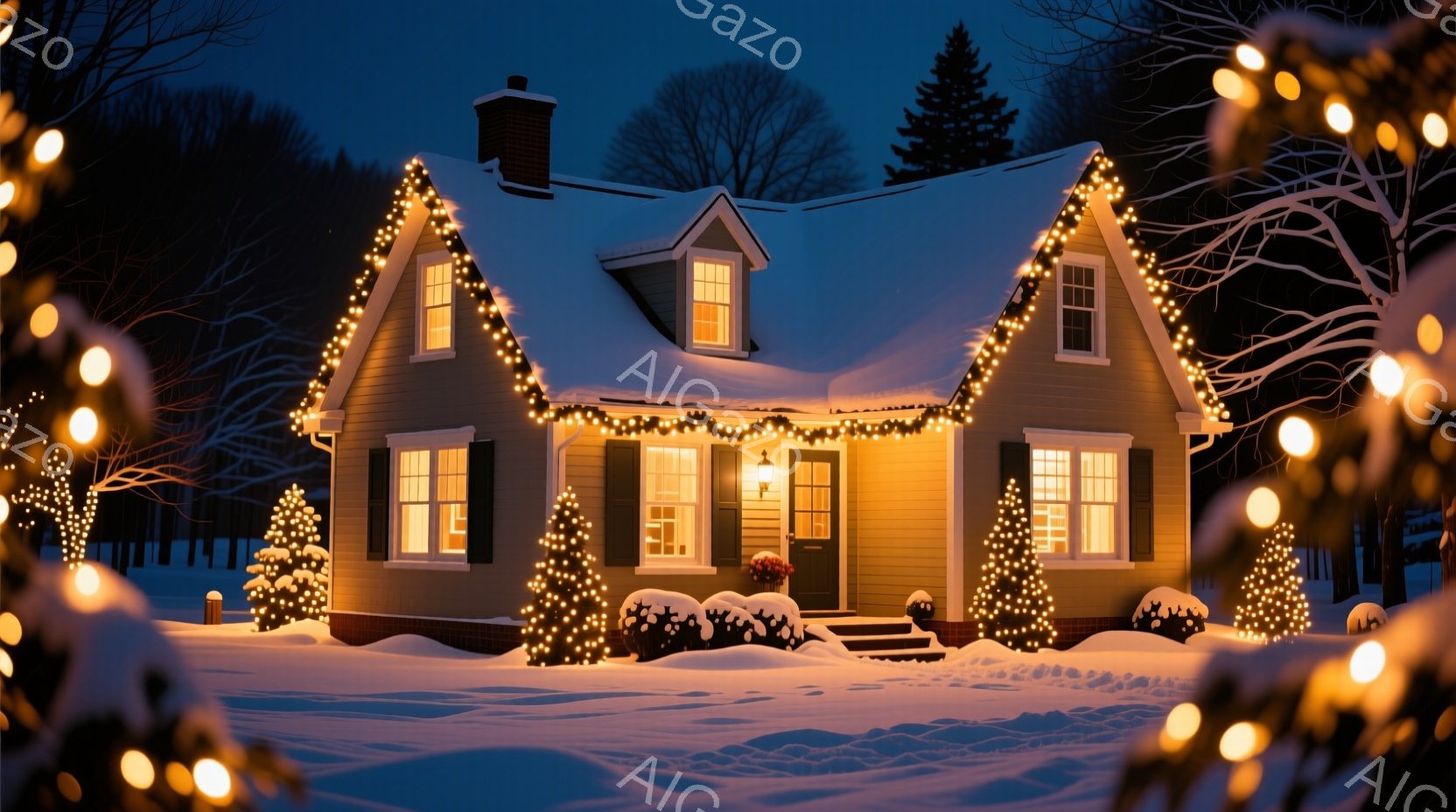 雪に覆われた家の正面が、温かい光で照らされています。家の周りにはクリスマスツリーが飾られ、屋根や窓枠にはイルミネーションが輝き、冬の夜の静かで温かい雰囲気を醸し出しています。背景には暗い木々と雪景色が - AI生成フリー素材