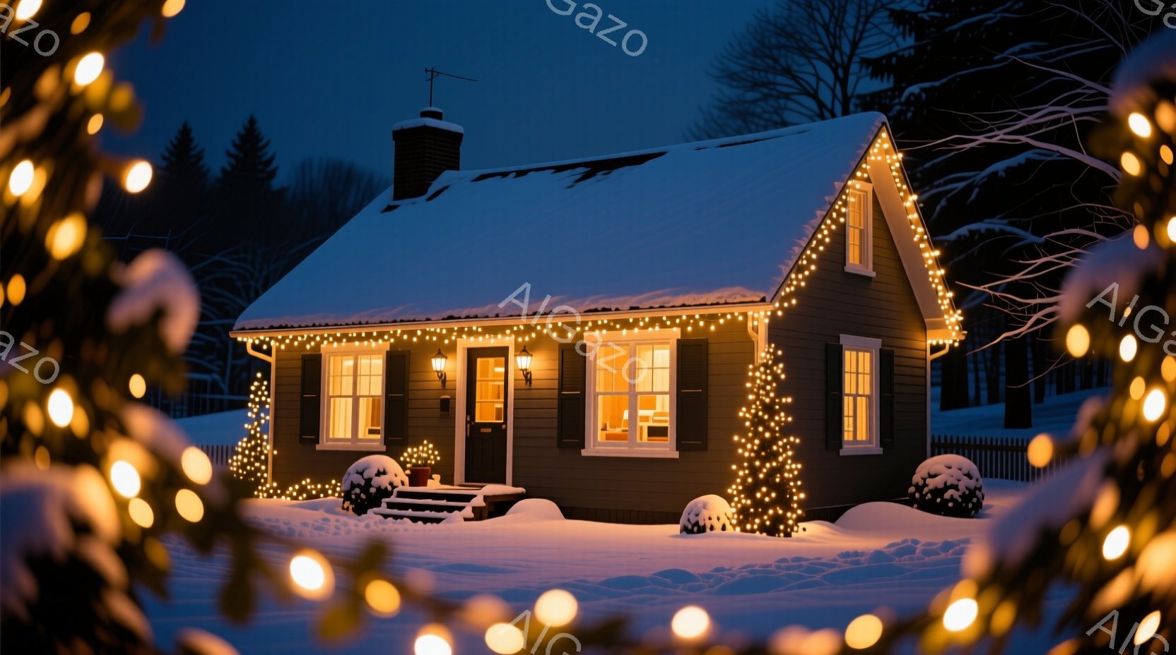 雪に覆われた小さな一軒家が、温かい光で縁取られています。家の周りには装飾用の電飾が施され、窓からは柔らかな光が漏れており、静かで穏やかな冬の夜の雰囲気を醸し出しています。背景には雪に覆われた木々が立ち並び、全体的に落ち着いた、心安らぐ光景です。