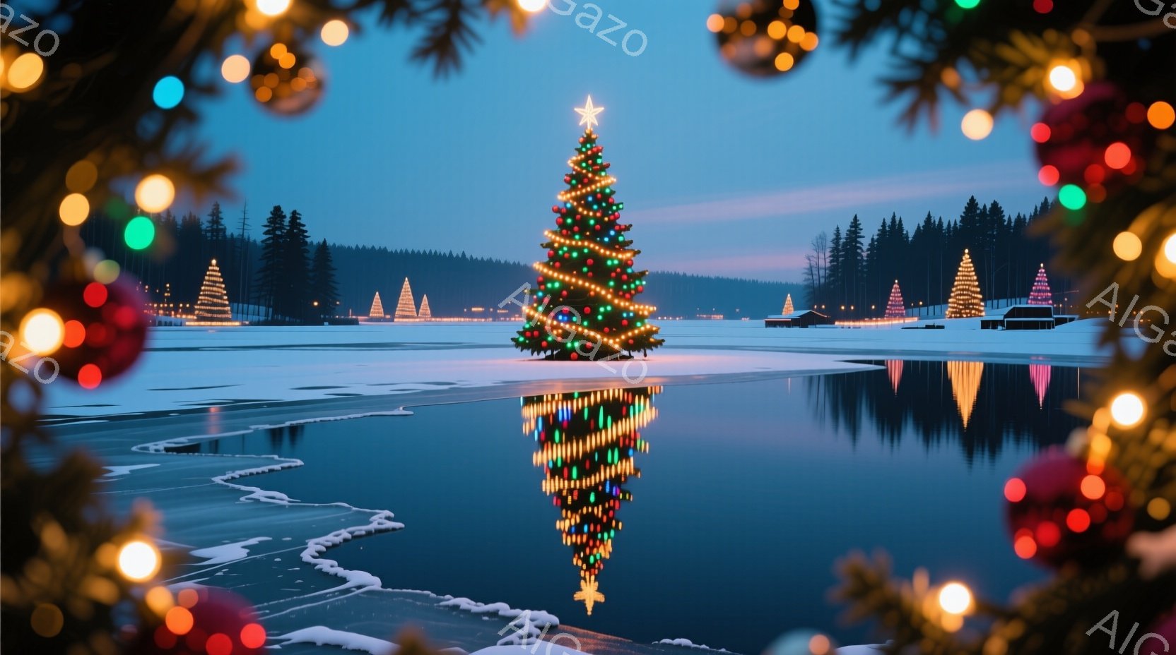 広大な雪景色の中に、装飾されたクリスマスツリーが湖面に映り込んでいます。遠方にはさらに多くのツリーが並び、薄暗い空と雪のコントラストが幻想的な雰囲気を醸し出しています。凍った湖面と背景の針葉樹林が、静 - AI生成フリー素材