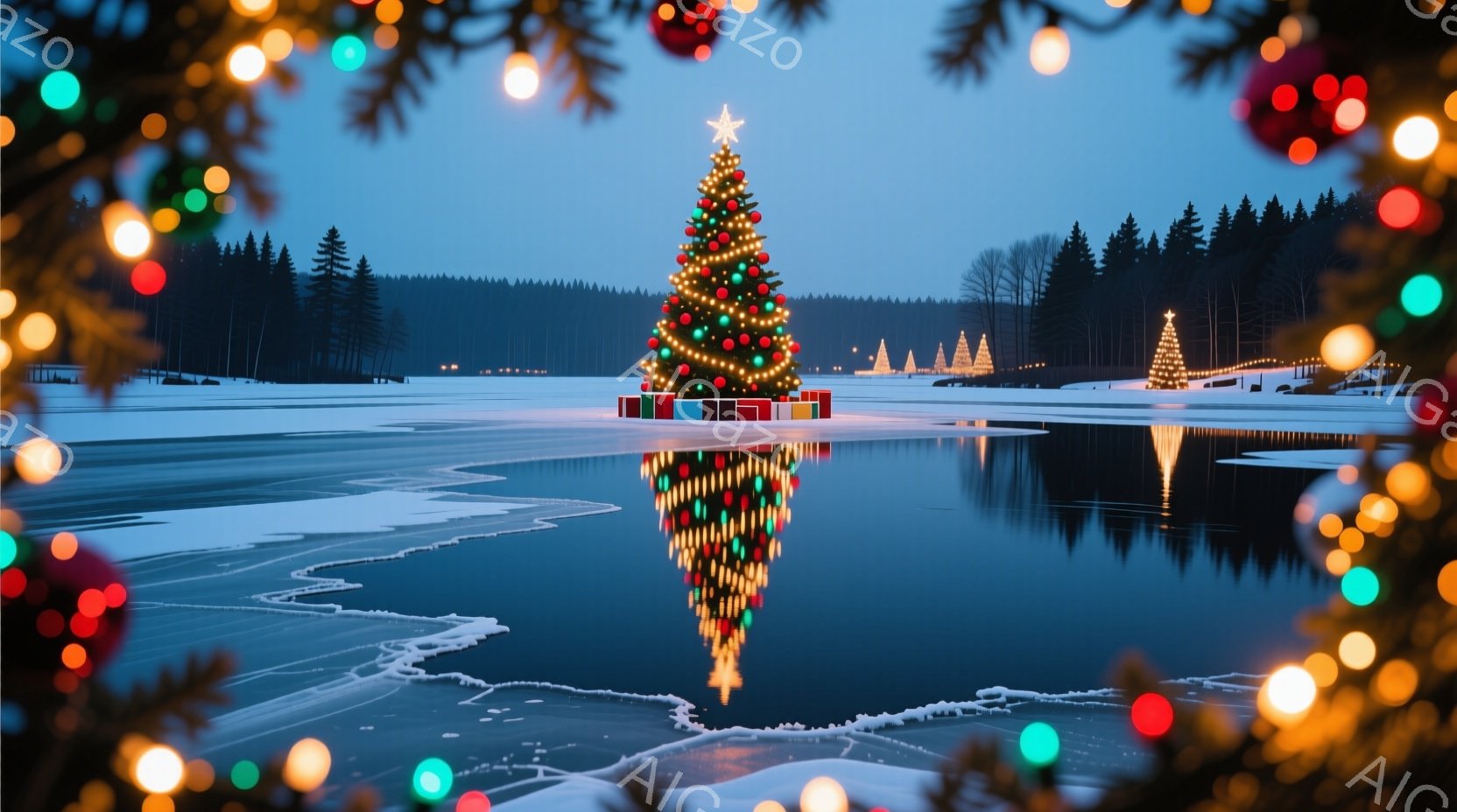 凍てつく湖の中央に、きらびやかなクリスマスツリーがそびえ立ち、水面に鮮やかな光を反射させている。背景には暗い緑の森林が広がり、遠くにはぼんやりとしたツリーのシルエットが見える。全体的に静寂で幻想的な冬 - AI生成フリー素材
