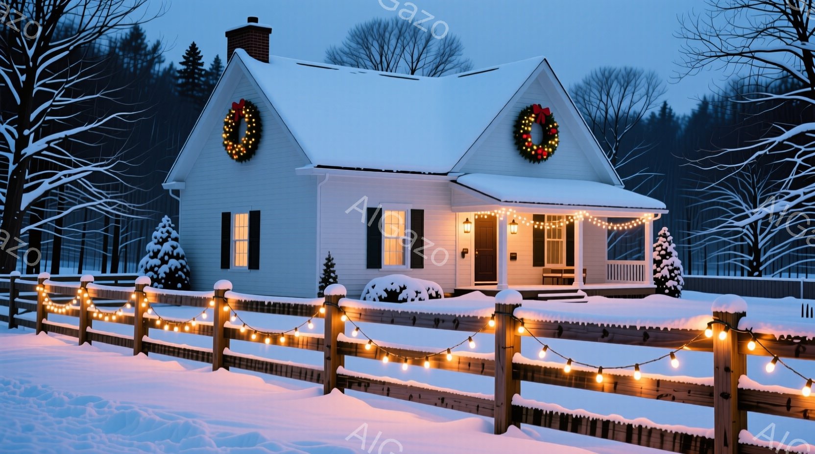 雪に覆われた白い一軒家が、クリスマスの飾り付けで温かく輝いている。家にはクリスマスリースが飾られ、フェンスには電飾が施されており、雪景色の中で灯りが幻想的な雰囲気を醸し出している。背景には木々が見え、 - AI生成フリー素材