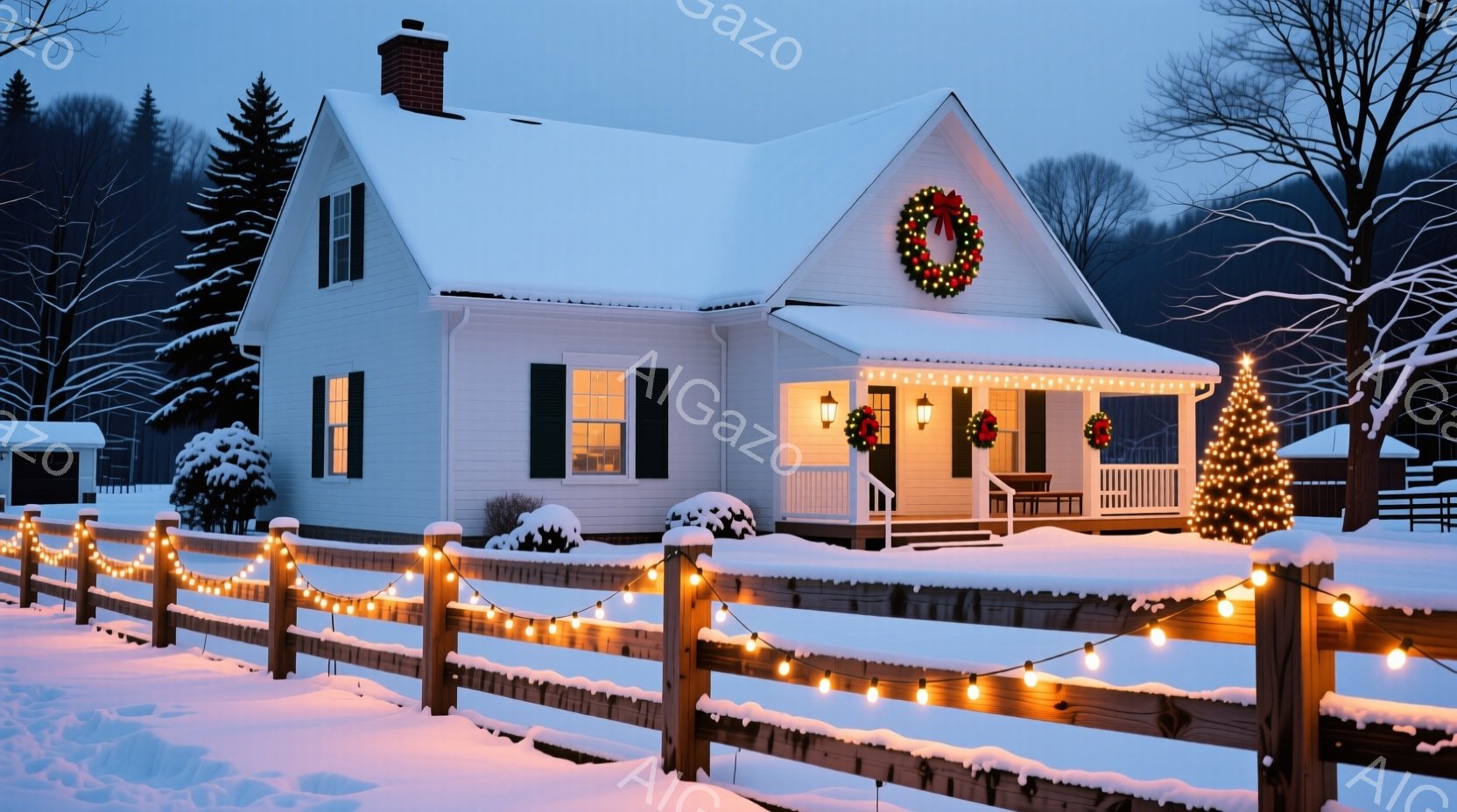 雪に覆われた白い家が、クリスマスの飾り付けで温かく輝いている。家の正面には、クリスマスリースが飾られ、フェンスには電飾が施され、冬の夜に幻想的な雰囲気を醸し出している。背景には、雪に覆われた木々が立ち - AI生成フリー素材