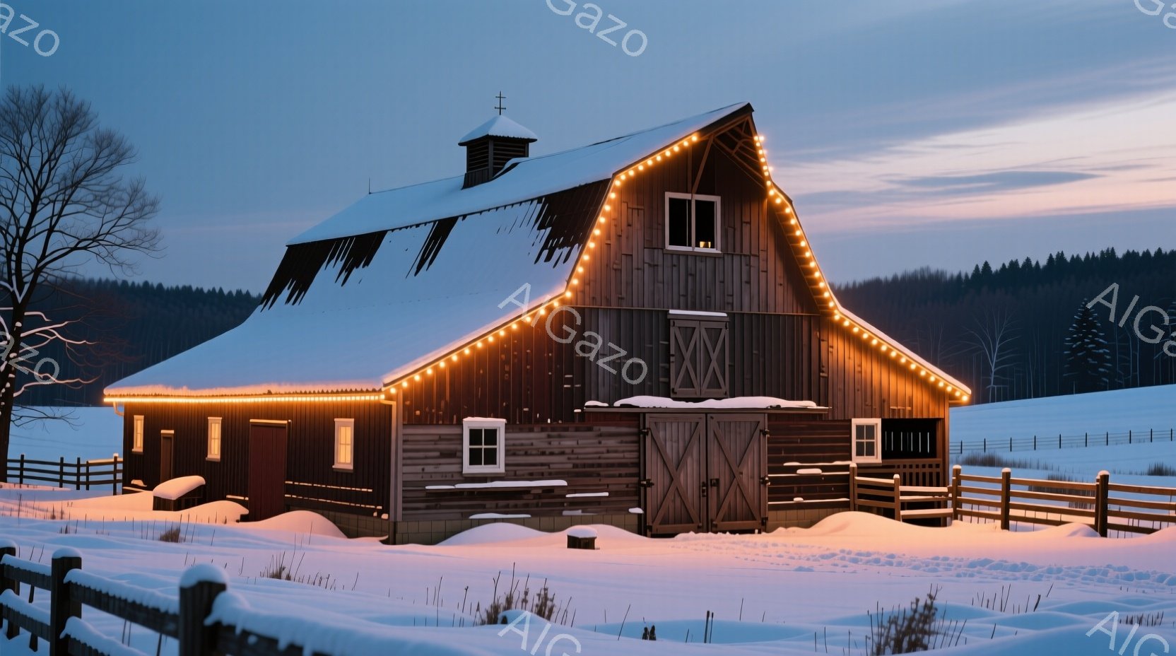 古い木造の納屋が雪景色の中にあります。屋根は雪で覆われ、暖色の電飾が納屋の輪郭を強調しています。背景には雪に覆われた丘と木々があり、穏やかで静かな冬の雰囲気が漂っています。