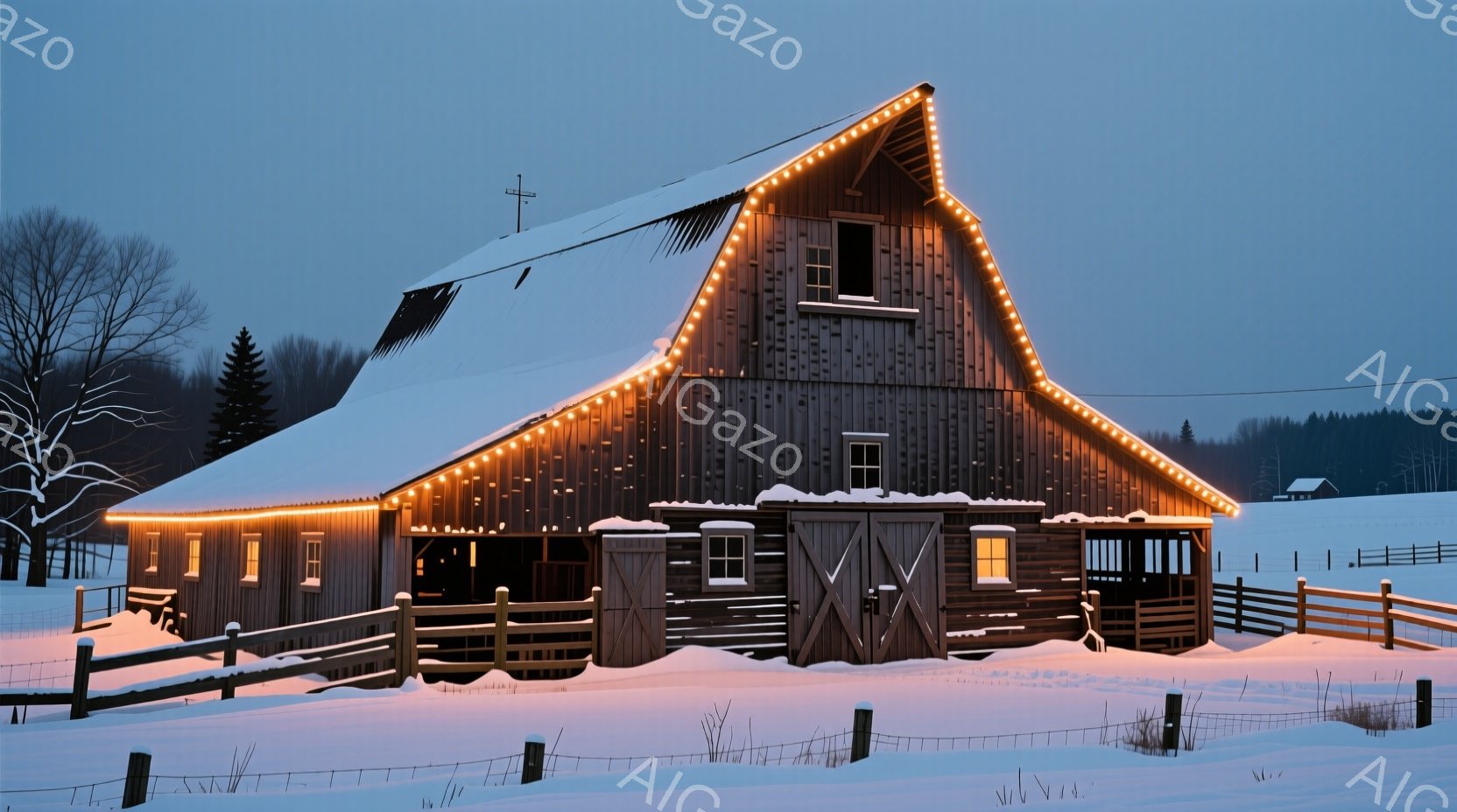 雪に覆われた農場が、暖かい光のイルミネーションで飾られています。古い木造の建物は、白い屋根に雪が積もり、その輪郭が際立っています。背景には、雪景色の中にうっすらと他の建物が見え、冬の静寂と温かさを同時 - AI生成フリー素材