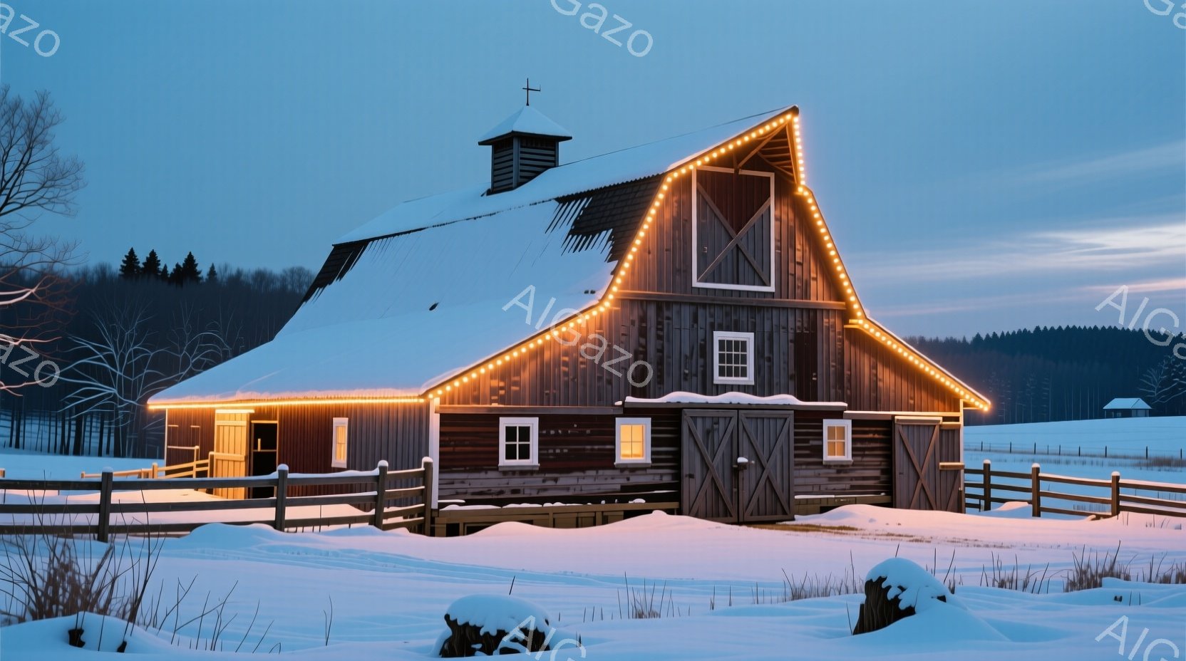 雪に覆われた農場には、飾り付けられた古い納屋が佇んでいます。納屋は温かい光で縁取られ、静かで穏やかな冬の雰囲気を醸し出しています。背景には雪に覆われた平原と遠くの森林が広がり、静寂と美しさが共存する光景です。
