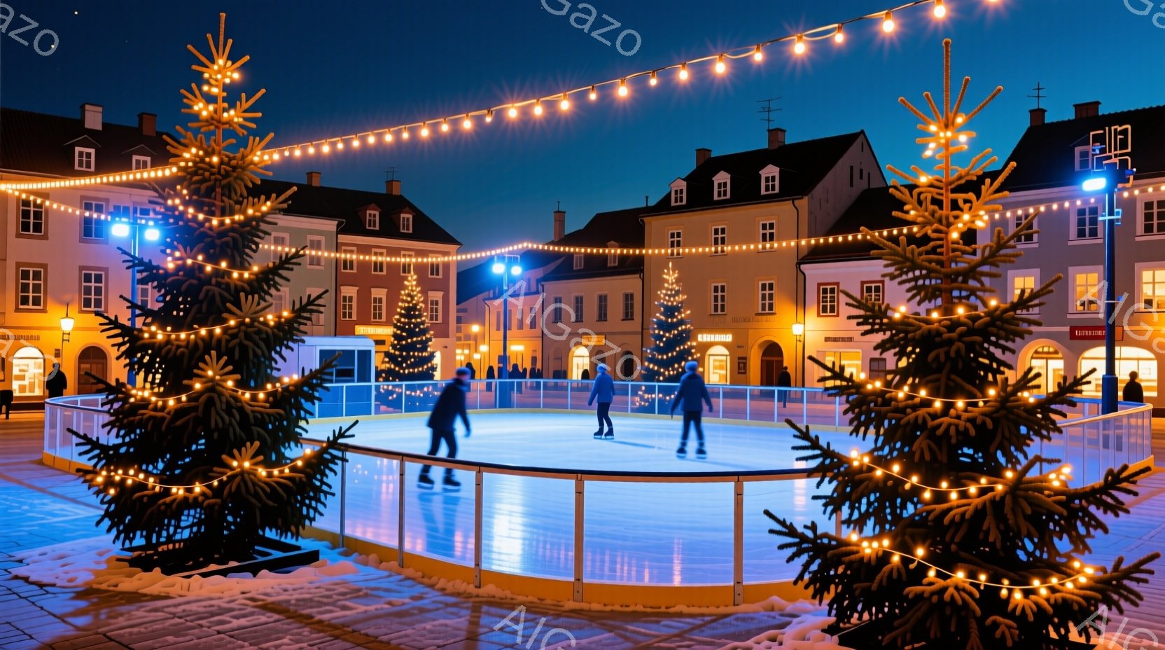 凍ったリンク上で、三人の人物がアイススケートを楽しんでいる様子が描かれています。彼らは冬の装いをしており、黒いコートや帽子をかぶっています。背景には、ライトアップされた建物やクリスマスツリーが並び、夜 - AI生成フリー素材