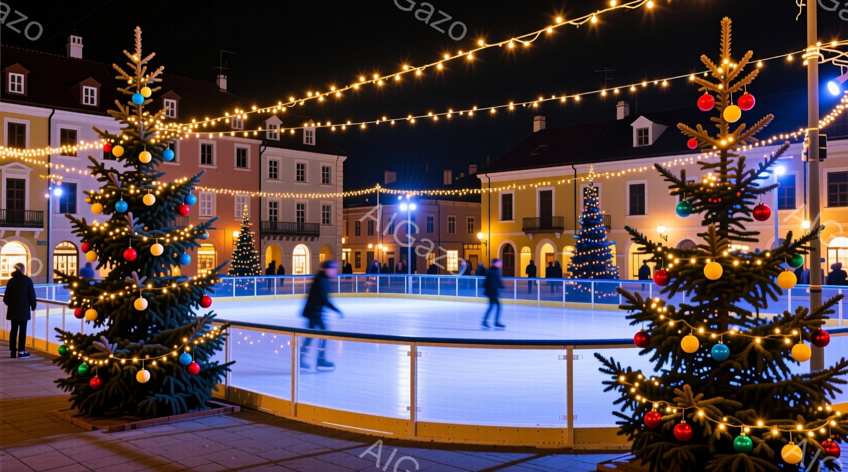広場にはアイススケートリンクが設置され、数人がスケートを楽しんでいます。リンクの周囲にはクリスマスツリーが飾られ、暖かい光を放ち、背景には歴史的な建物が並び、クリスマスの夜の穏やかな雰囲気を醸し出して - AI生成フリー素材