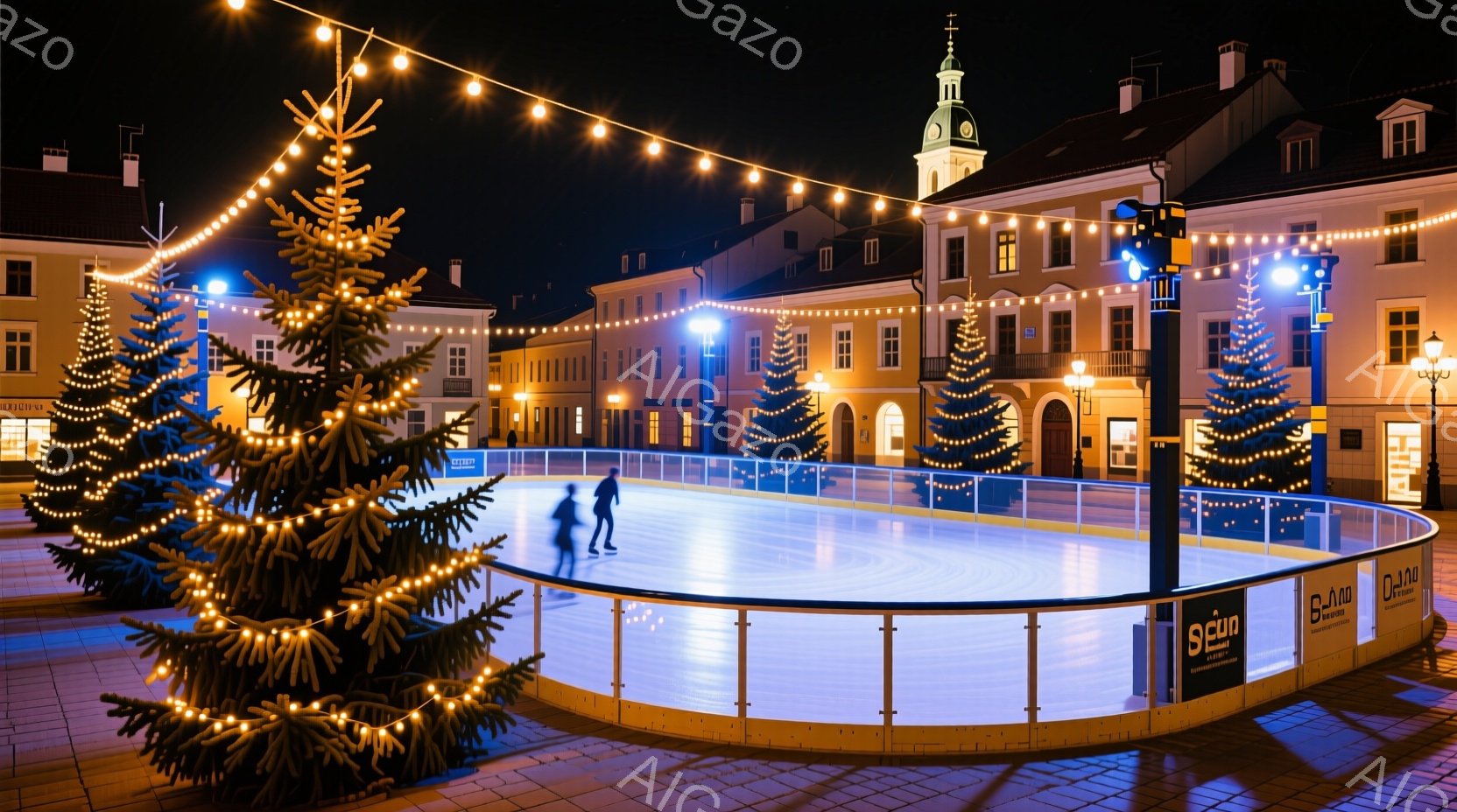 夜間に街の中心にあるアイススケートリンクが照らされている様子が描かれている。リンクの上では一組のカップルが手をつないで滑走しており、暖かい光に包まれている。背景には、クリスマスツリーが飾られ、歴史的な - AI生成フリー素材