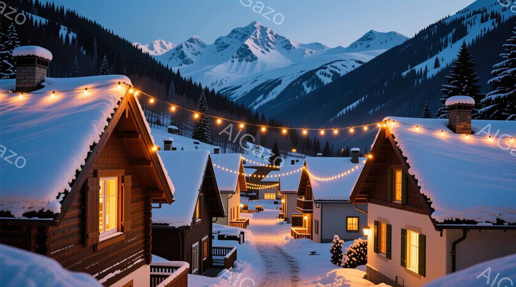 雪深い山々に囲まれた、可愛らしい山小屋が連なる風景です。小屋の屋根には雪が積もり、窓からは温かい光が漏れ、クリスマスのイルミネーションが灯りを添えています。背景には、雪をまとった雄大な山々が連なり、静かで幻想的な冬の雰囲気を醸し出しています。