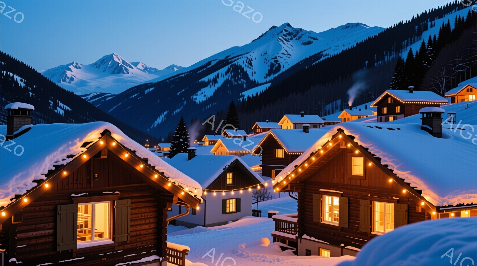 雪深い山々に囲まれた、可愛らしい木造家屋が密集した冬の風景です。家々の屋根には雪が積もり、窓からは暖かな光が漏れ出し、まるでクリスマスのイルミネーションのような電飾が飾られています。背景には雪をまとっ - AI生成フリー素材