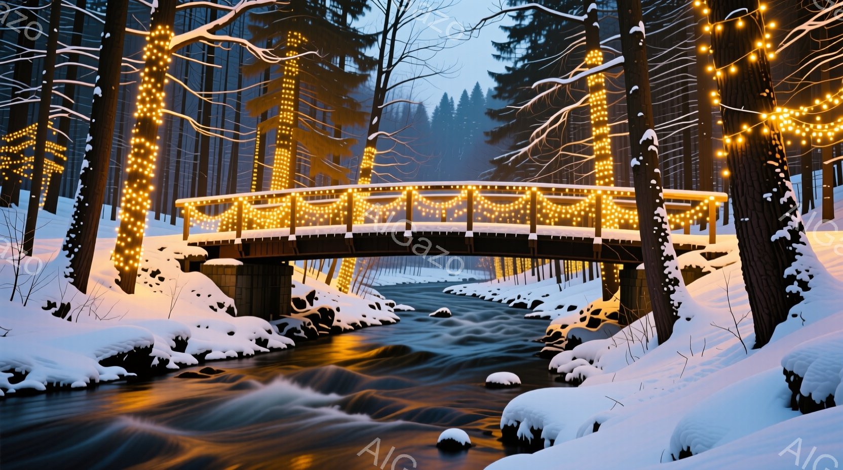 雪に覆われた森林の中に、イルミネーションで飾られた木製の橋が流れる川の上にかかっている。川は激しく流れ、橋の周りの雪は白く、冬の静寂と暖かさが同時に感じられる。遠くの木々はぼんやりと見え、全体的に幻想 - AI生成フリー素材