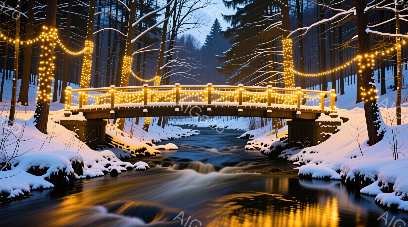 雪に覆われた森林を流れる川の上に、光り輝く電飾で飾られた木製の橋が架かっている。川は橋の下で流れ、水面は光を反射してキラキラと輝いている。冬の静寂と光の温かさが共存する、幻想的な風景である。 - AI生成フリー素材