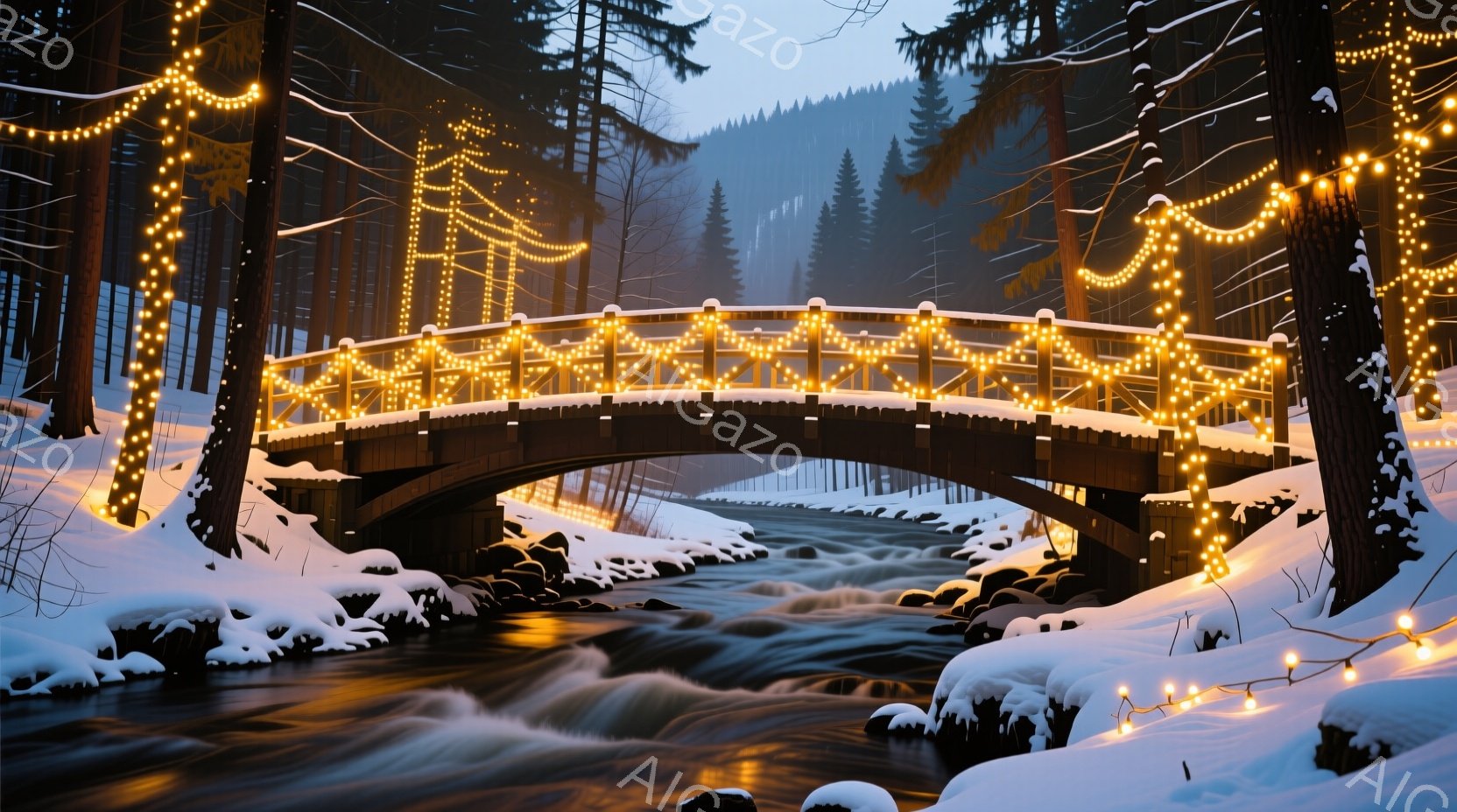 雪に覆われた風景の中に、提灯で飾られたアーチ橋が架かっている。橋の下を力強い流れの川が流れ、周囲はうっそうとした針葉樹林に囲まれている。全体的に幻想的で静寂な冬の雰囲気が漂い、提灯の温かい光が寒々とし - AI生成フリー素材
