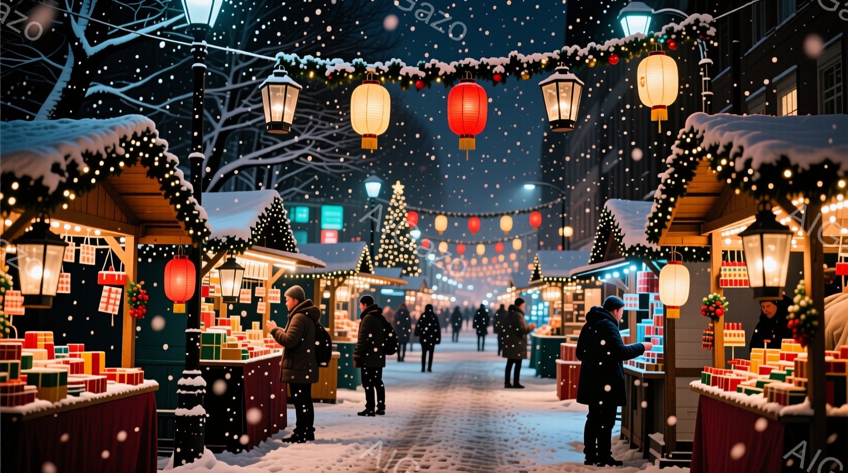 雪が舞う賑やかなクリスマスマーケットの様子が描かれています。人々は冬の暖かい服装で、赤い帽子やコートを着ており、屋台の商品を眺めたり、談笑したりしています。背景には、イルミネーションで飾られた建物や木 - AI生成フリー素材