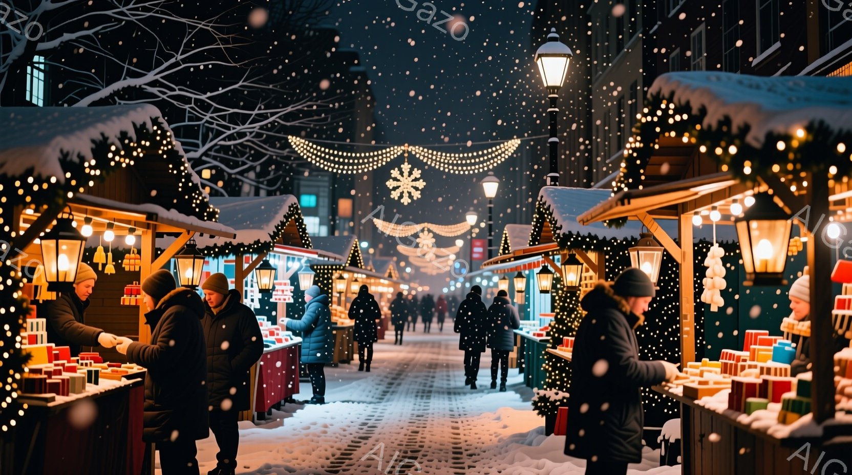 凍てつく冬の夜のクリスマスマケットの様子が描かれている。人々は厚手のコートや帽子を着用し、露店を物色したり、談笑したりしている。背景には木々や建物がぼやけ、降り積もる雪と温かい光が、温かく賑やかな雰囲気を醸し出している。