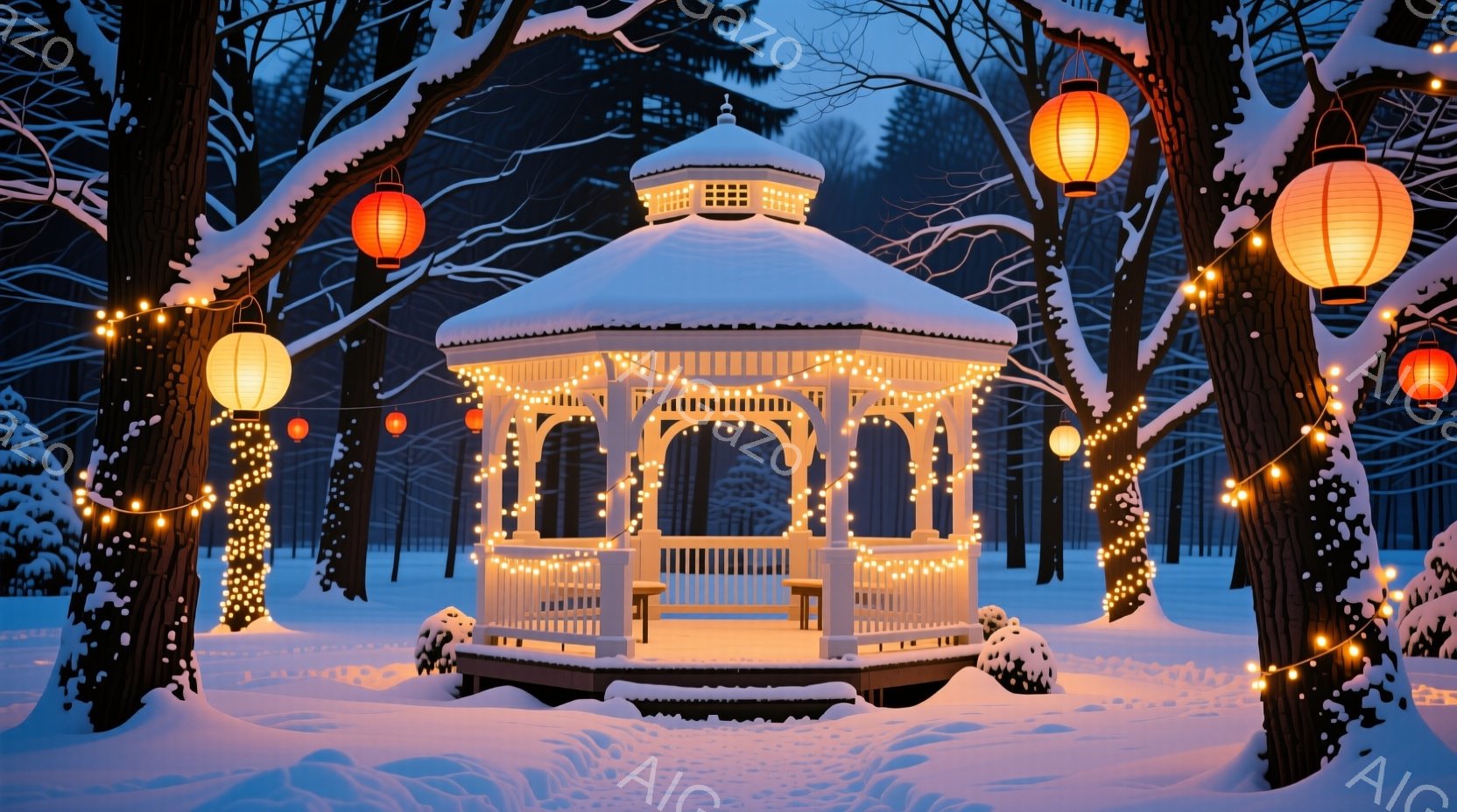 白い木製のガゼボが雪に覆われた風景の中にあります。ガゼボは暖色のイルミネーションと提灯で飾られており、静かで幻想的な雰囲気を醸し出しています。背景には雪で覆われた木々が立ち並び、冬の夜の穏やかな美しさ - AI生成フリー素材