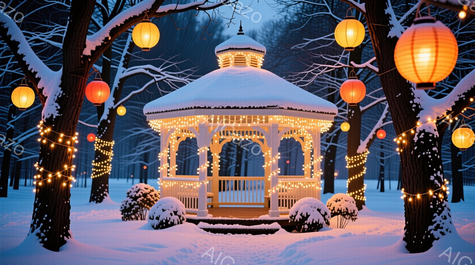 雪が降り積もった公園に、イルミネーションで飾られた白いパビリオンが建っている。パビリオンの屋根や柱は雪で覆われ、周りの低木も雪の重みで丸みを帯びている。暗い空と雪景色に、温かい光が灯るパビリオンが幻想的な雰囲気を醸し出している。