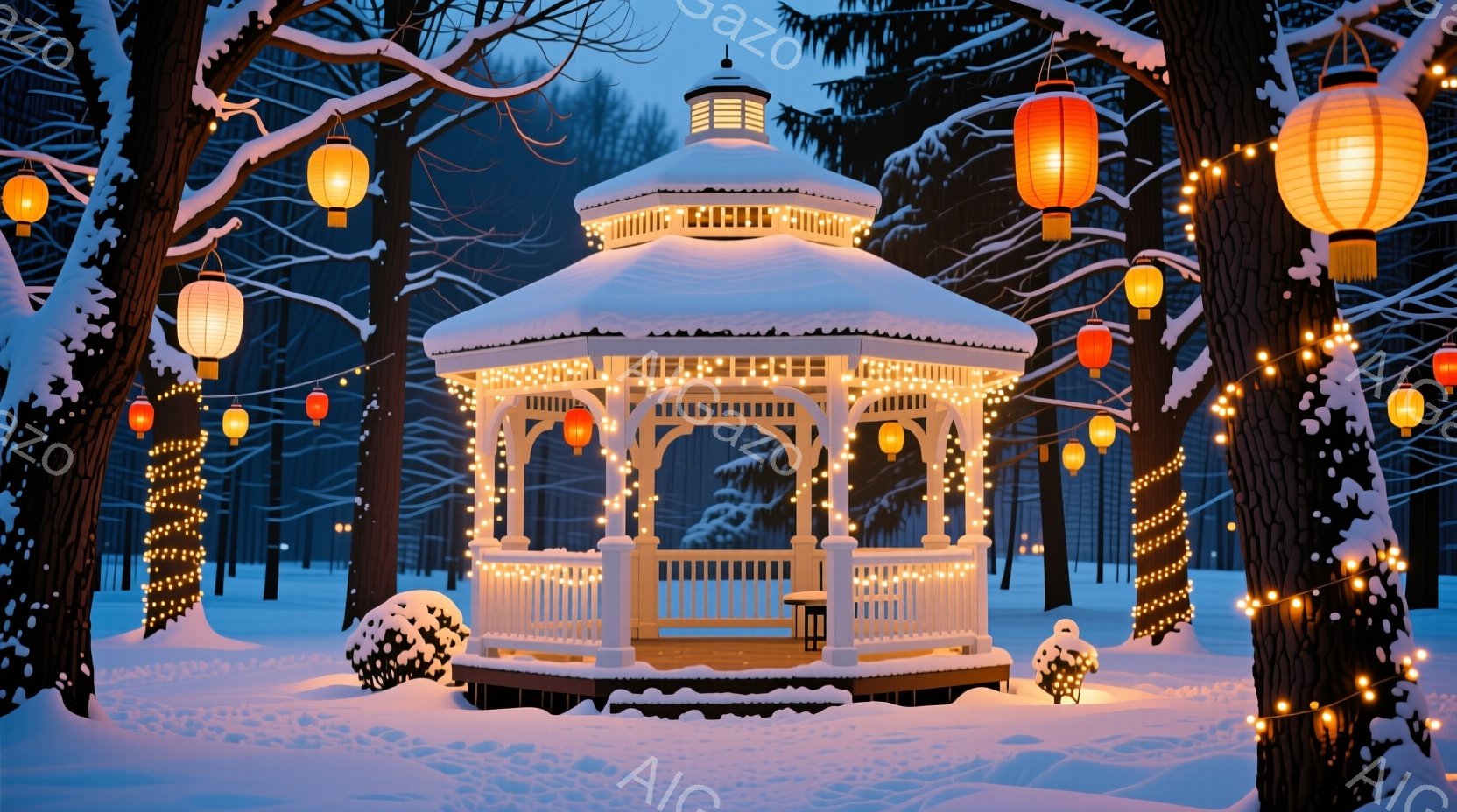 雪が降り積もった公園のベンチが写っている。木々はカラフルなイルミネーションで飾り付けられ、遠くにはぼんやりと街灯の光が見える。静かで幻想的な冬の夜の雰囲気が漂っている。 - AI生成フリー素材