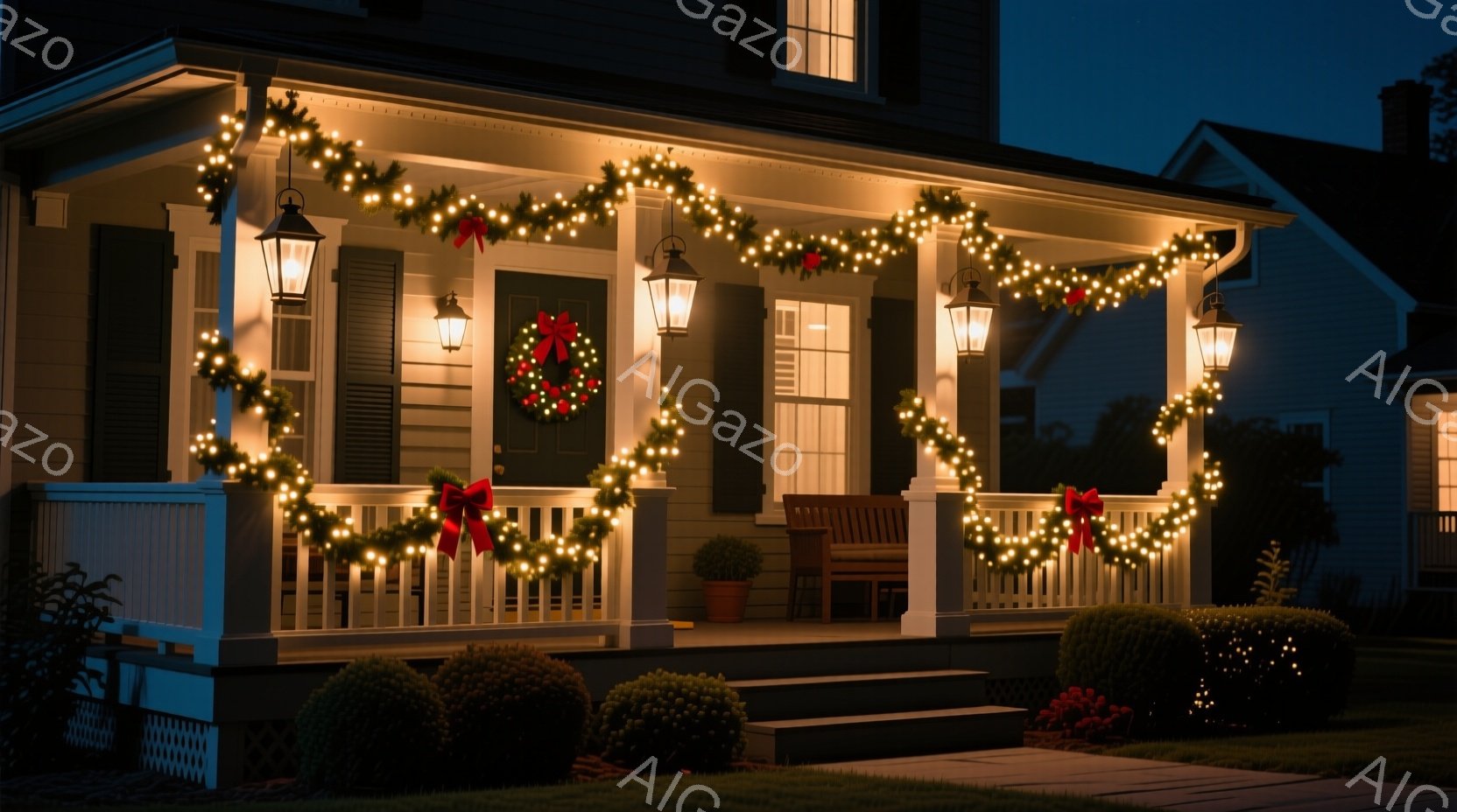 飾り付けられた玄関が写っており、クリスマスらしい雰囲気が漂っています。玄関の柱や手すりには電飾が巻き付けられ、正面のドアには赤いリボンが付いたクリスマスリースが飾られています。夜間の住宅街を背景に、温 - AI生成フリー素材