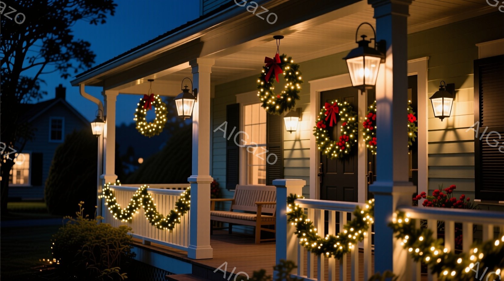 白い手すりと緑色の壁を持つ家が、クリスマスの飾りで彩られています。玄関のドアと手すりにはクリスマスリースと電飾が飾られ、温かい光が放たれています。背景には薄暗い夜空と、ぼんやりとした家屋が見え、静かで - AI生成フリー素材