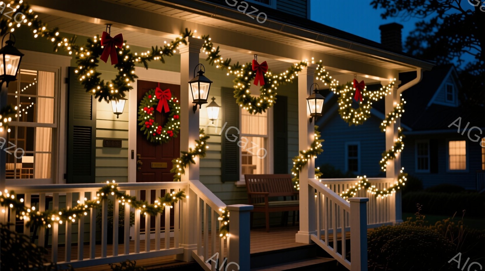 緑豊かな木々と雪をかぶった山々を背景に、ライトアップされた美しい邸宅が佇んでいます。邸宅へと続く道には、優しい光を灯すランタンが並び、クリスマスツリーが華やかに飾られています。全体的に暖かく、穏やかな - AI生成フリー素材