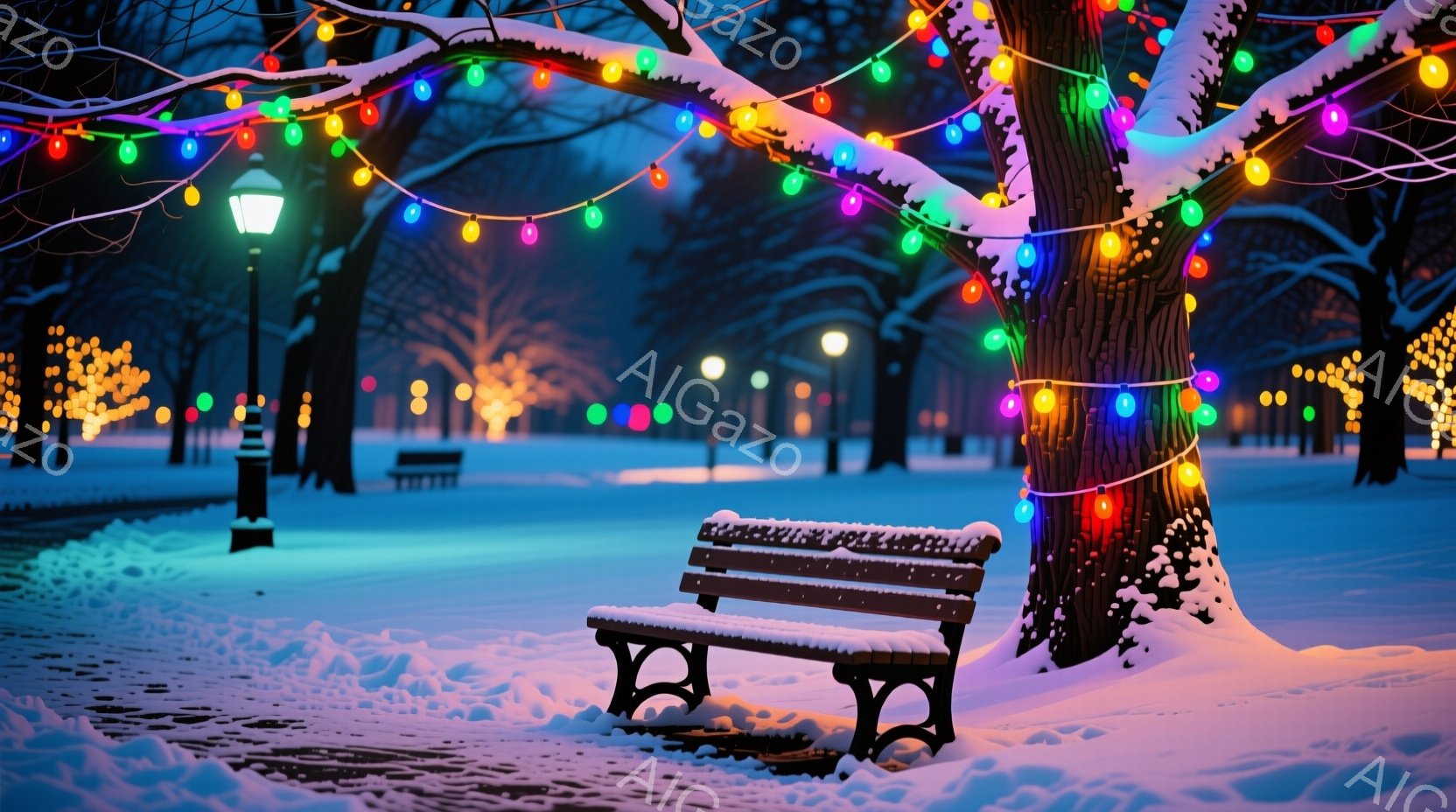 雪景色の中、木々にカラフルなイルミネーションが飾られた公園のベンチが描かれている。地面は雪で覆われ、遠景には街灯が灯り、幻想的な冬の夜の雰囲気を醸し出している。静かで穏やかな情景は、まるでクリスマスの - AI生成フリー素材
