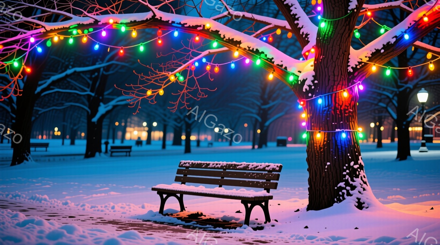 穏やかな夜、雪を抱く山々の麓に佇む、温かい光に包まれた木造の家が見える。石畳の道にはランタンが並び、正面のクリスマスツリーが暖かく輝いている。全体的に、静かで平和な冬の夜の雰囲気が漂っている。 - AI生成フリー素材