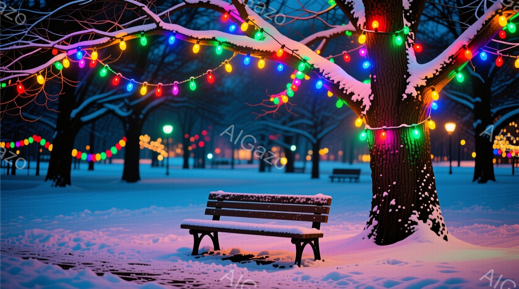 雪に覆われた公園で、木々の間にカラフルなイルミネーションが飾られています。木やベンチには雪が積もり、夜の静寂と冬の寒さを感じさせます。背景にはぼんやりと街灯や建物の光が見え、幻想的で穏やかな雰囲気が漂 - AI生成フリー素材