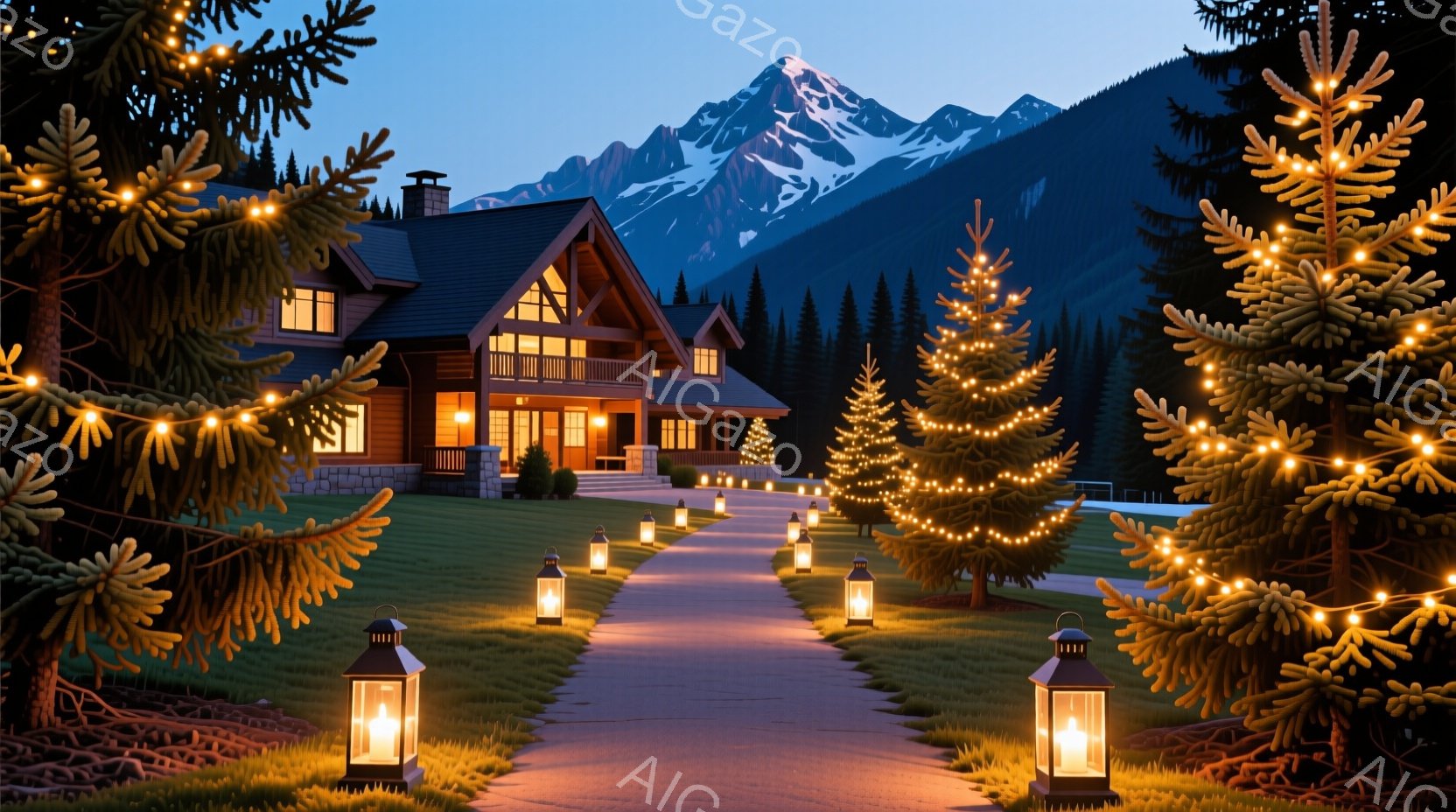 広々とした芝生と灯りが並ぶ小道が、山々に囲まれた美しいログハウスへと続いています。クリスマスツリーには煌めくイルミネーションが施され、暖かく穏やかな雰囲気を醸し出しています。背景には雪を頂いた山々がそ - AI生成フリー素材