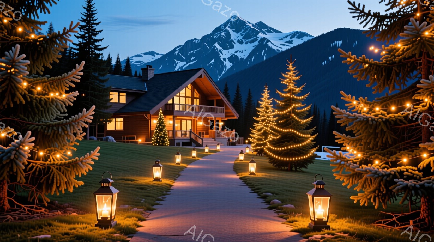 雪を抱く山々を背景に、ライトアップされた邸宅へと続く石畳の道が印象的な風景です。道の両脇にはランタンが灯り、クリスマスツリーが飾られていることから、クリスマスの雰囲気が漂っています。夜空は薄暗く、邸宅 - AI生成フリー素材