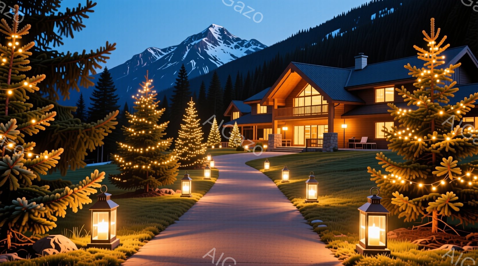 雪をかぶった山々を背景に、ライトアップされたクリスマスツリーとランタンが並ぶ遊歩道が、暖かく明るい邸宅へと続いています。邸宅からは暖かい光が漏れ出し、冬の夜の穏やかな雰囲気を醸し出しています。緑豊かな - AI生成フリー素材