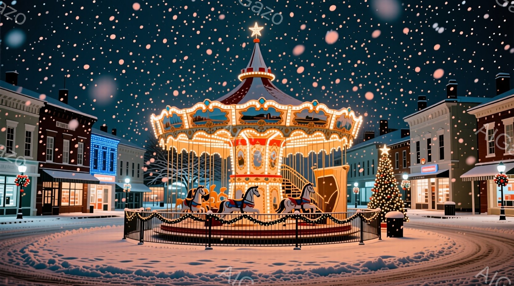 雪が降り積もる夜の街並みに、イルミネーションで飾られた回転木馬が輝いている。建物は古いヨーロッパ風で、クリスマスツリーや装飾が暖かく、冬の夜の静けさと祝祭の雰囲気を醸し出している。回転木馬の馬たちは、 - AI生成フリー素材
