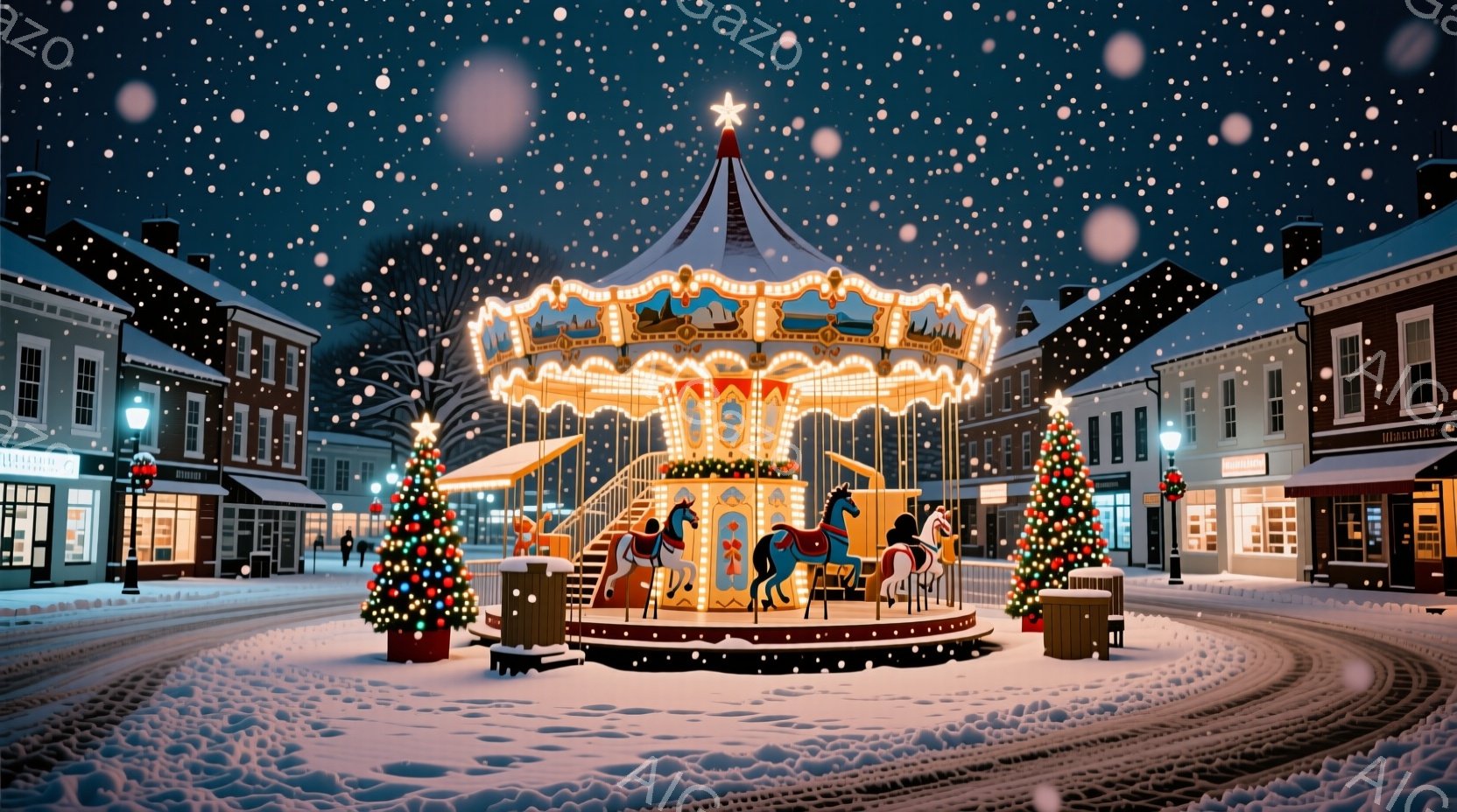 雪が降る夜の街並みには、ライトアップされた観覧車が中央に鎮座し、周囲にはクリスマスツリーが飾られています。建物は古いヨーロッパ風で、雪に覆われた石畳の道と、ぼんやりと光る窓が温かい雰囲気を醸し出してい - AI生成フリー素材