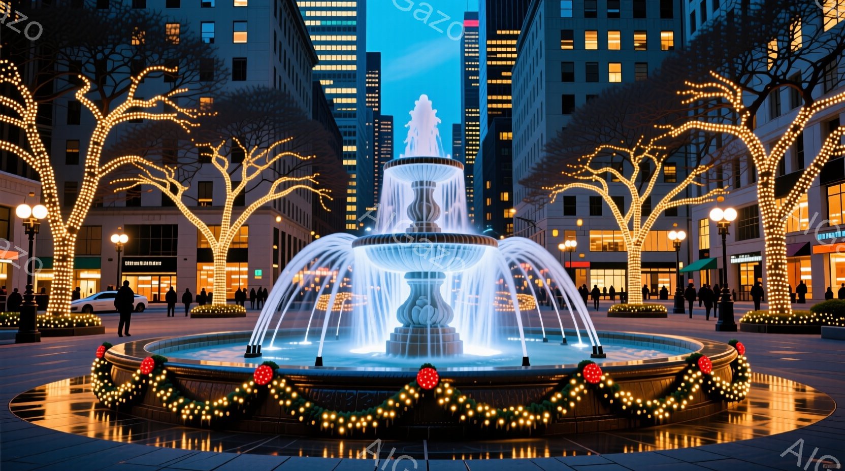 噴水は青白い光を放ち、クリスマスの飾り付けで華やかに彩られています。背景には高層ビル群が立ち並び、夜空にその姿を現しており、クリスマスのイルミネーションで飾られた木々が、場を温かく包み込んでいます。人 - AI生成フリー素材