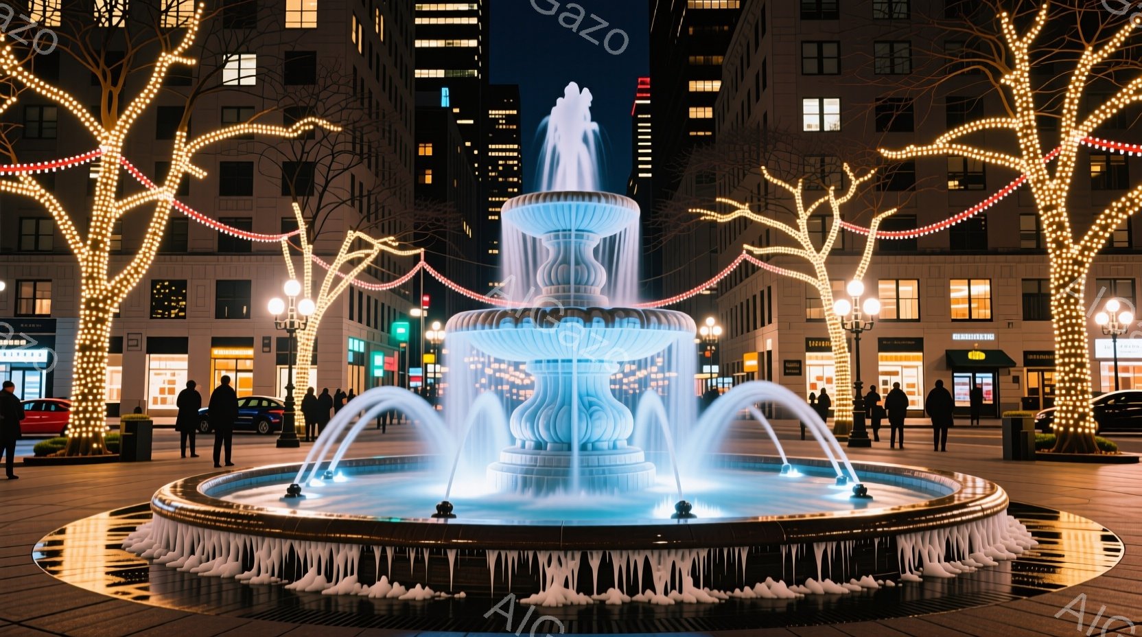 壮大な噴水が中央に位置し、青いライトで照らされ、夜空に水柱を上げています。周りの建物はモダンなデザインで、装飾的な光が街路樹に施され、冬の夜の華やかな雰囲気を醸し出しています。人々はコートを着て、散歩を楽しんだり、噴水の美しさを眺めています。