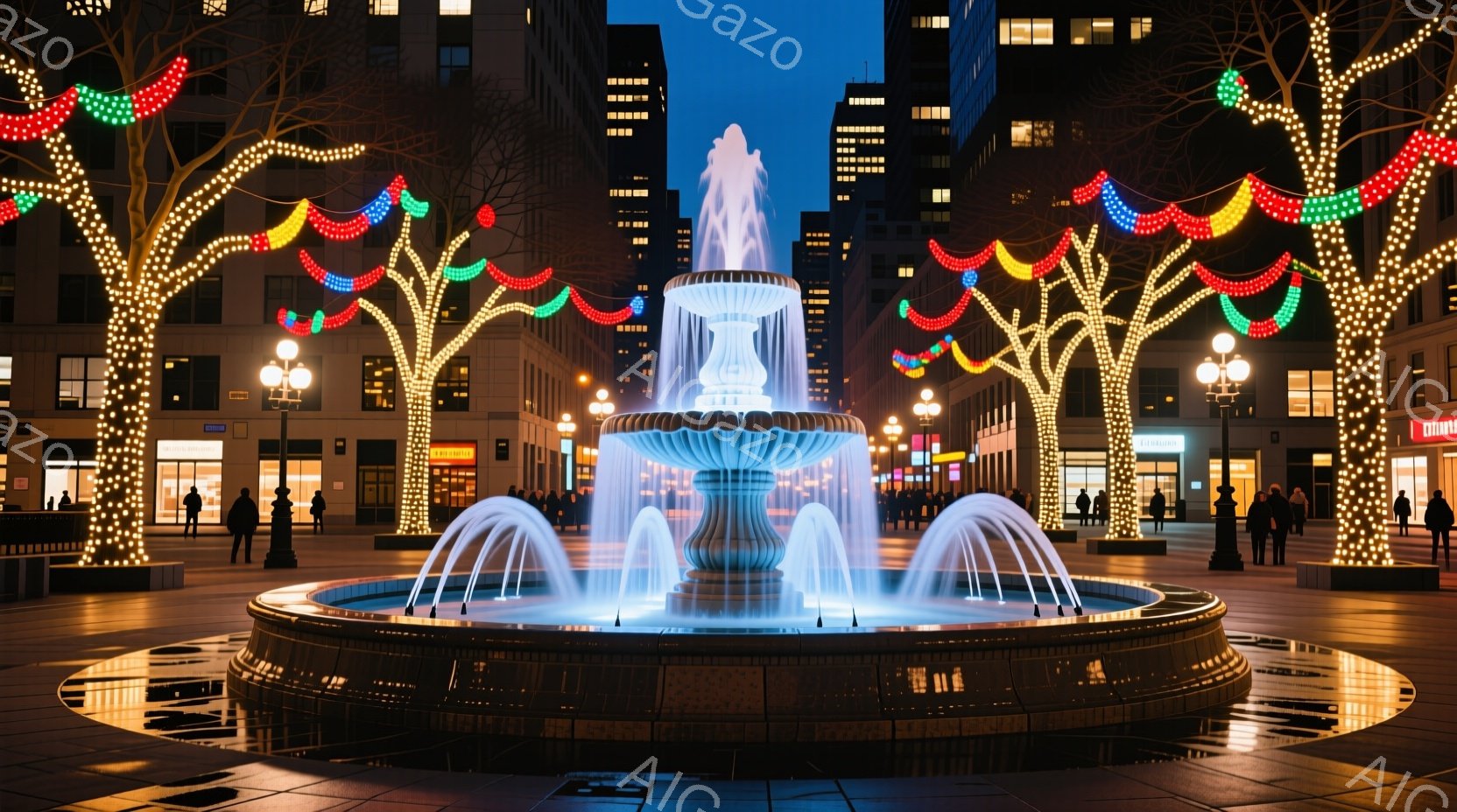 広場の中央には、水が勢いよく噴き出す華やかな噴水があり、その周囲は湿った石畳で照らされています。背景には高層ビルが立ち並び、街路樹にはカラフルなイルミネーションが飾られ、夜の賑やかな雰囲気を醸し出して - AI生成フリー素材