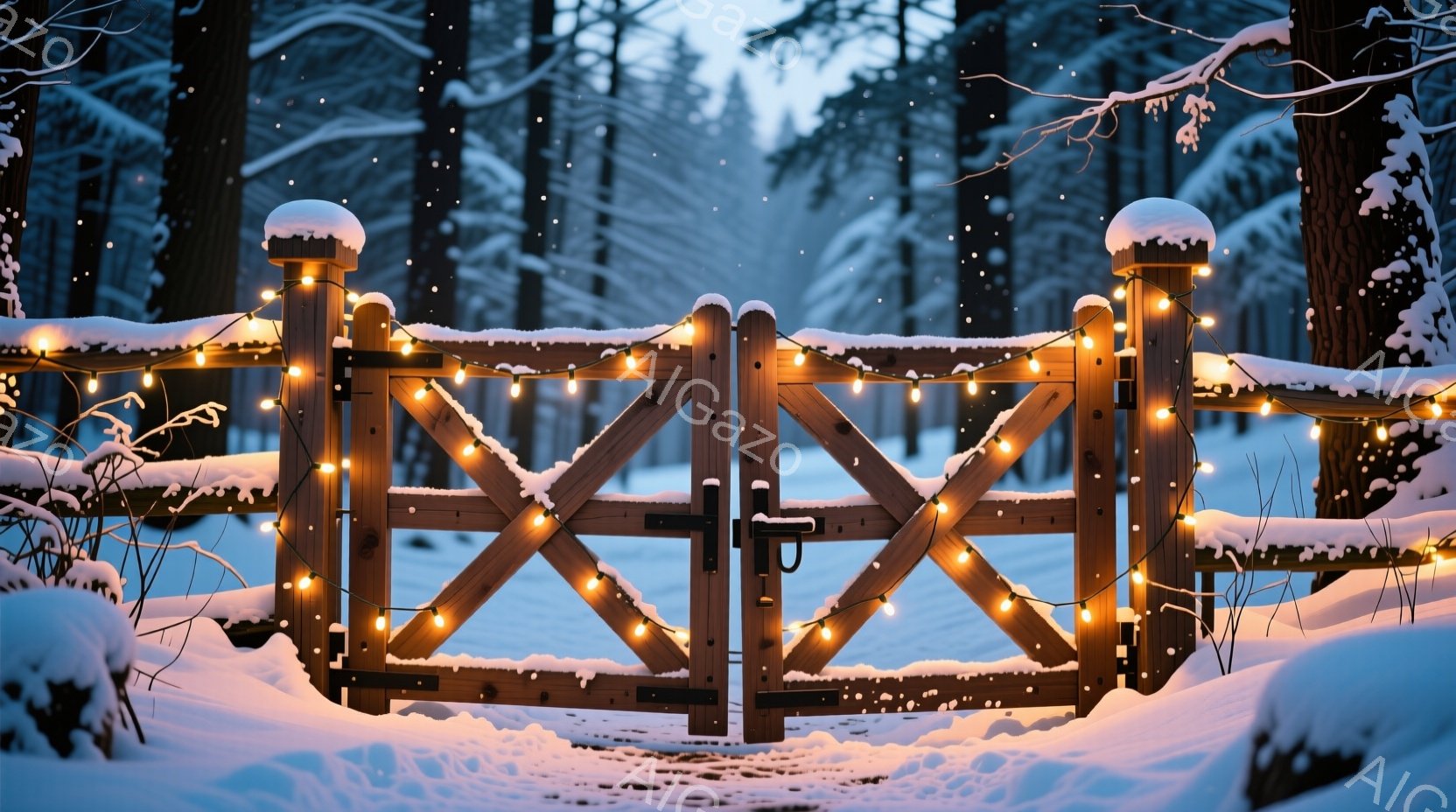 雪が降り積もる中、木製の門がイルミネーションライトで飾られている。背景には雪化粧した木々が立ち並び、冬の静寂と暖かさが共存する幻想的な雰囲気を醸し出している。雪の反射とライトの光が、優しい光景を作り出している。