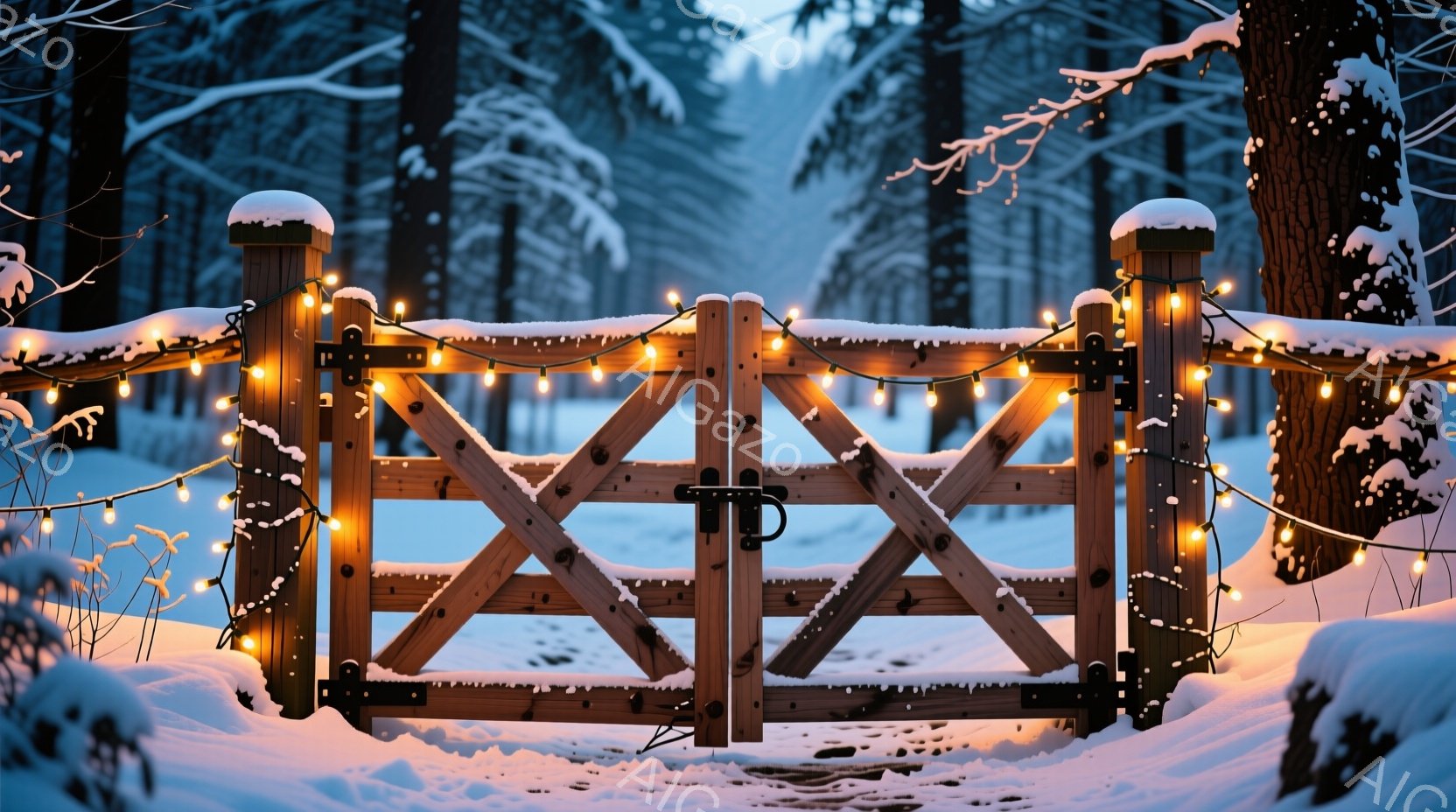 雪に覆われたゲートが、温かい光のストリングライトで飾られています。ゲートは木製で、雪が積もった周囲の木々とコントラストをなしています。背景には雪に覆われた森が広がり、静かで穏やかな冬の雰囲気が漂ってい - AI生成フリー素材
