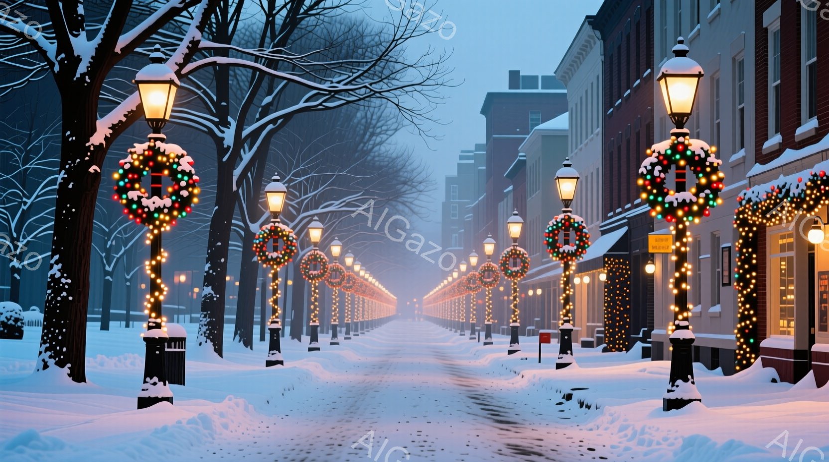雪が降り積もった並木道が続く風景で、街灯にはクリスマスリースと電飾が飾られています。古いレンガ造りの建物が両側に並び、冬の静寂とクリスマスの温かい雰囲気が漂っています。遠くは霞がかかり、幻想的な冬の日 - AI生成フリー素材