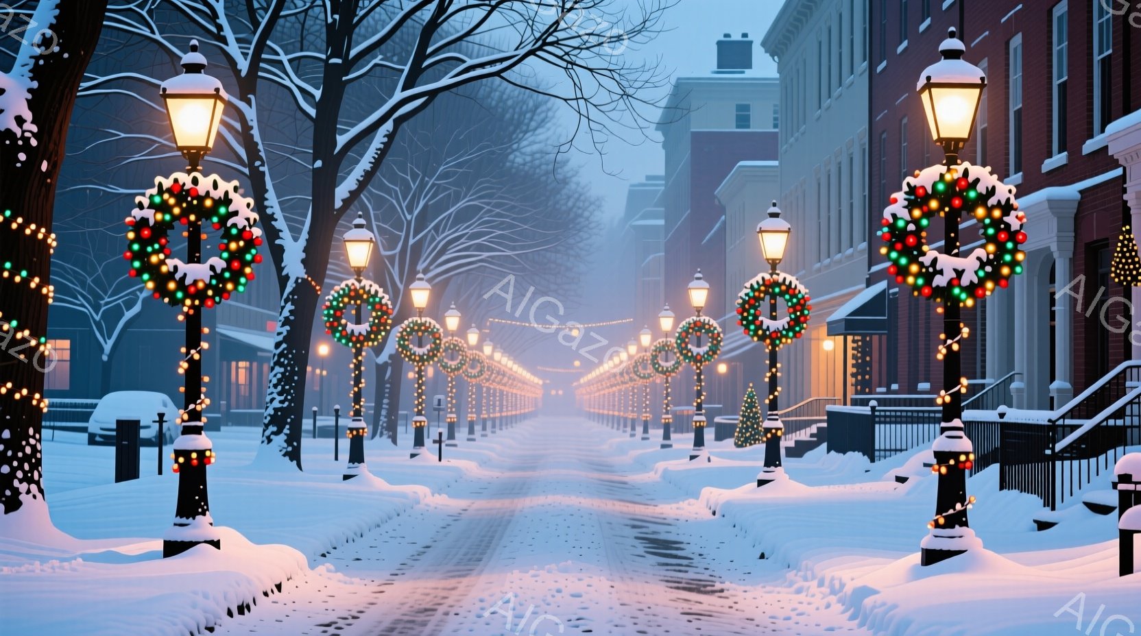 白い教会が緑の丘の上に建っており、夜空を背景に静寂な雰囲気を醸し出しています。教会の周りの木々は、温かい光のイルミネーションで飾られ、暖かく幻想的な光景を作り出しています。空は深い青色で、夕暮れ時のような穏やかな雰囲気が漂っています。