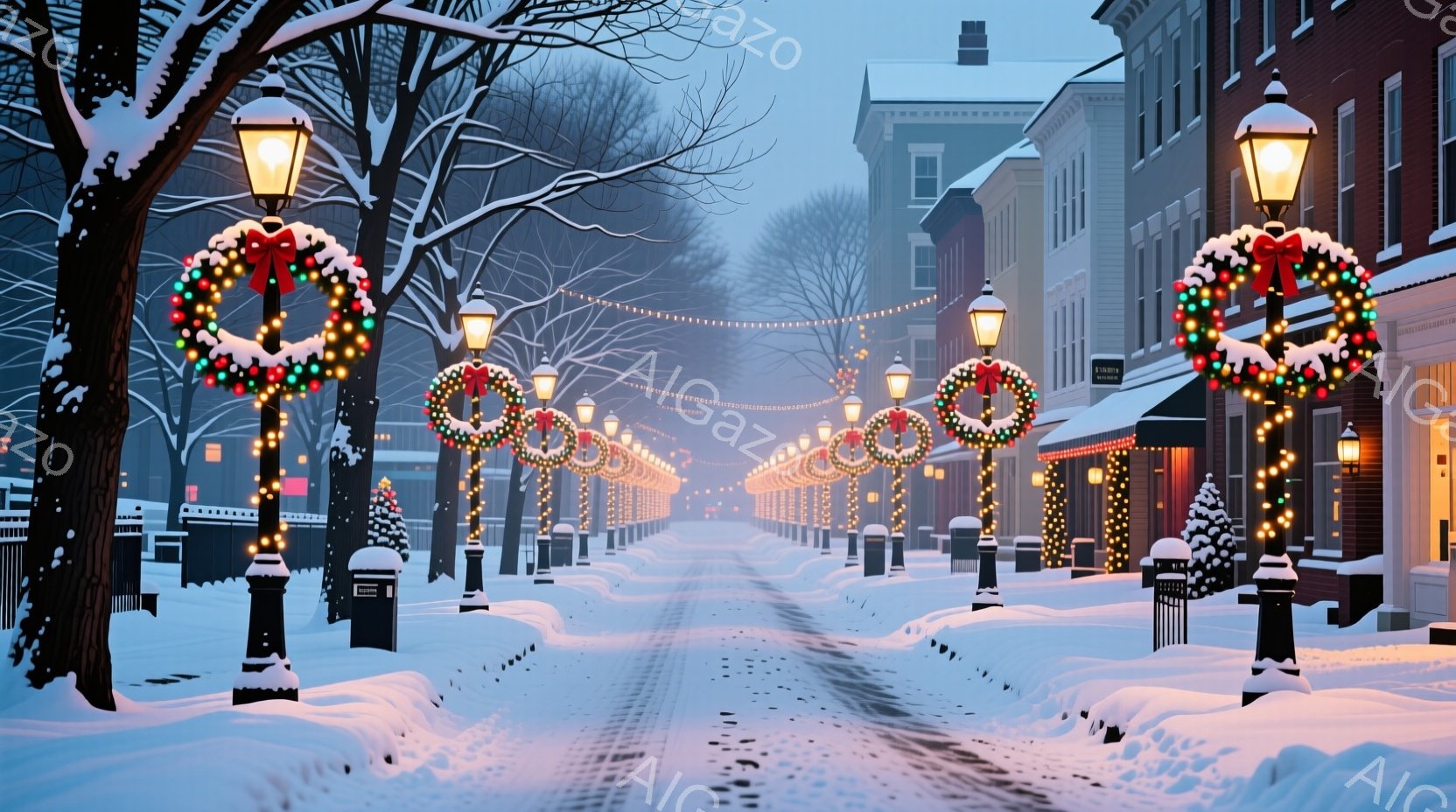 雪が降り積もった街並みが、クリスマス装飾で華やかに彩られている。両側の建物は白やベージュを基調とした落ち着いた色合いで、それぞれの建物にクリスマスリースが飾られ、街路樹にはイルミネーションが飾られてい - AI生成フリー素材