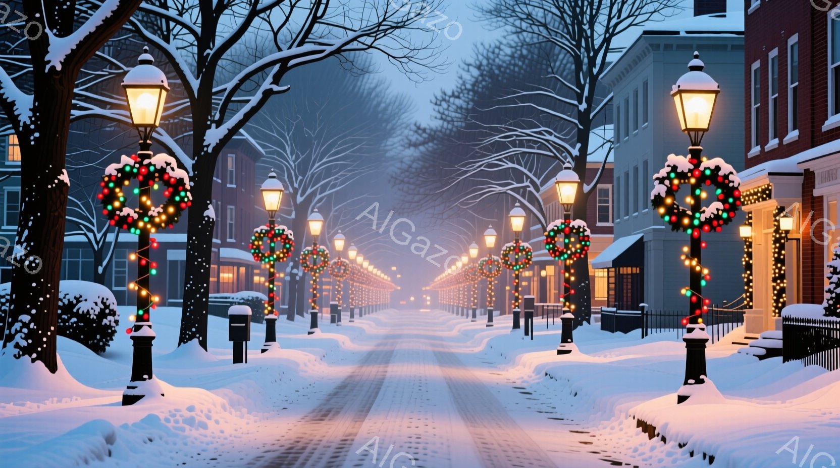 雪が降り積もった並木道が、温かい光で照らされています。街路樹にはクリスマスリースとイルミネーションが飾られ、建物も明るい光に包まれて、冬の穏やかな祝祭の雰囲気を醸し出しています。遠くまで続く雪道は幻想 - AI生成フリー素材