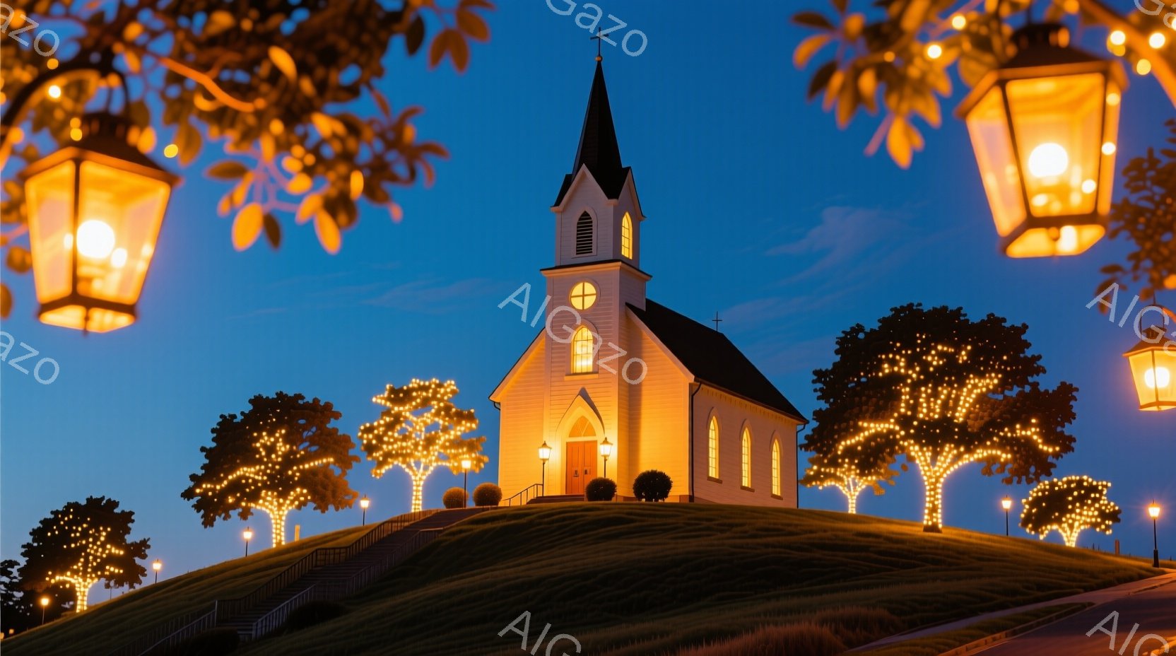 小高い丘の上に白く美しい教会が建っており、内部の光が暖かく輝いている。教会の周りの木々は、きらめくイルミネーションで飾られ、夜空に浮かぶ提灯が幻想的な雰囲気を添えている。背景は濃い青色の空で、全体とし - AI生成フリー素材