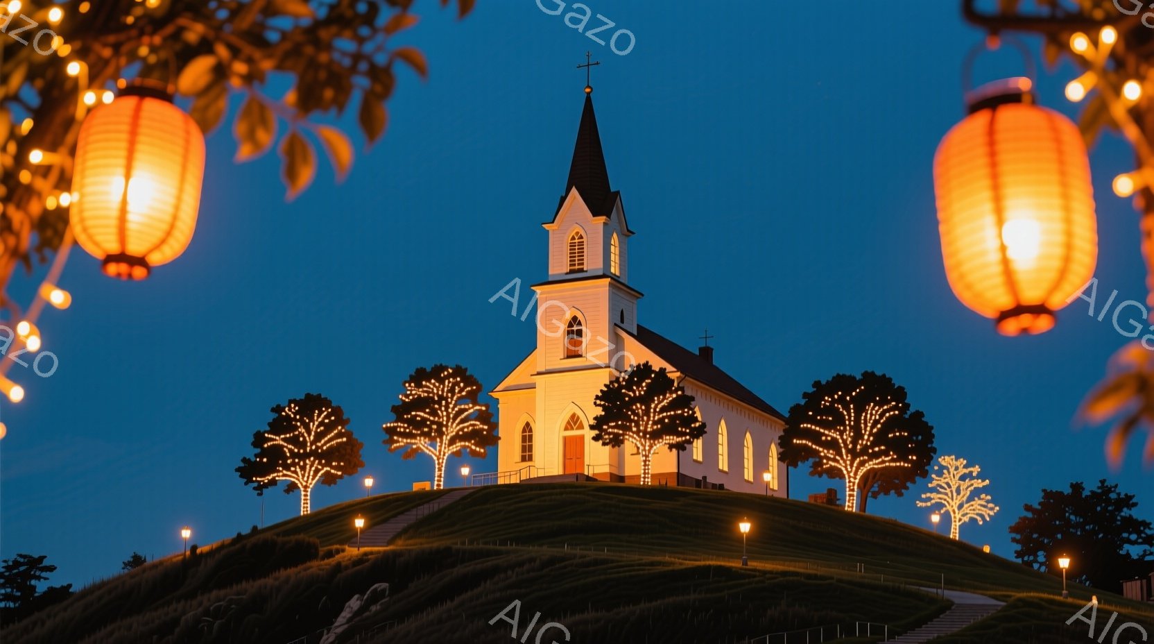 白い教会が緑の丘の上に堂々と建っており、夜空を背景に荘厳な雰囲気を醸し出している。教会の周りの木々は温かい光で飾られ、丘の斜面には複数の提灯が配置され、幻想的な光景を作り出している。背景は濃い青色の空 - AI生成フリー素材