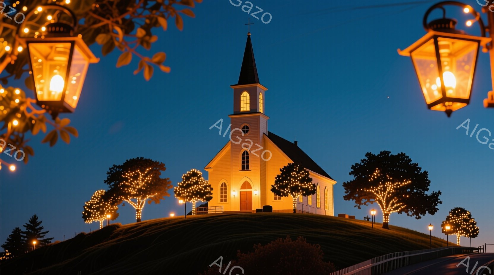 白い教会が丘の上に堂々と建っており、温かい光が窓から漏れ出ている。周囲の木々はクリスマスライトで飾られ、夜空の青とコントラストを描き、幻想的な雰囲気を醸し出している。背景には暗い木々と青い空が広がり、 - AI生成フリー素材