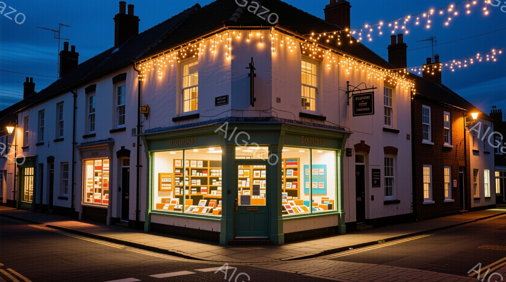 角に位置する緑色の書店が、温かい光で照らされている。ショーウィンドウには様々な色の本が並び、夜の街並みに彩りを添えている。建物の上には、キラキラと輝く電飾が飾られ、穏やかで魅力的な雰囲気を醸し出してい - AI生成フリー素材