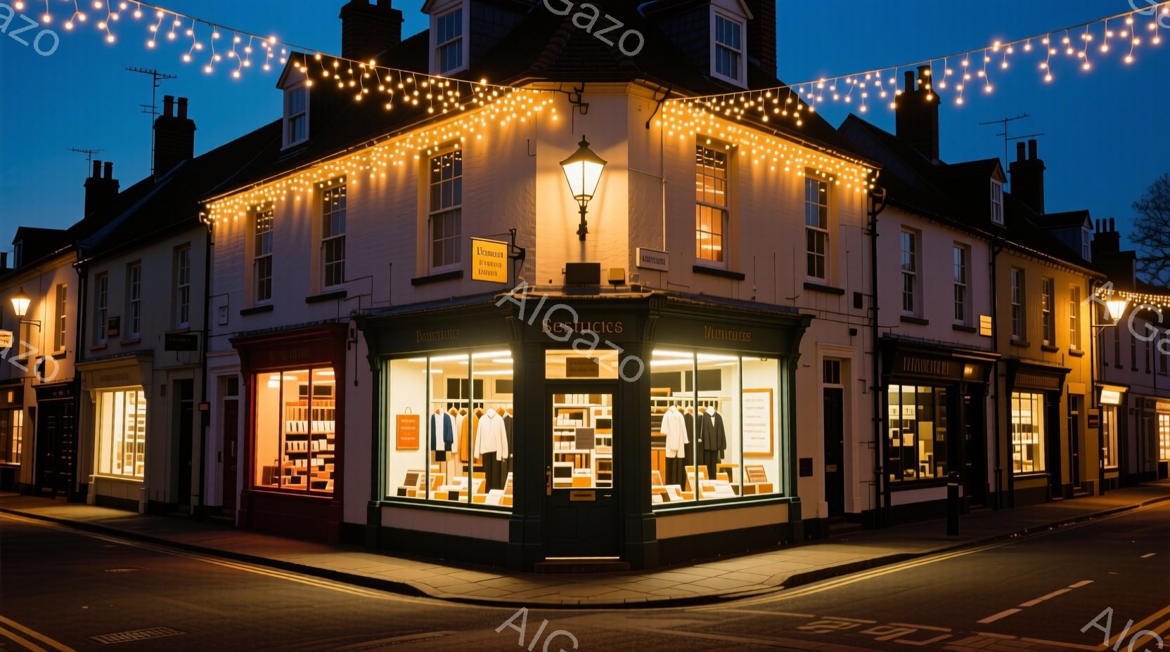 白い壁と深緑の装飾が美しい店が街角に建っており、ショーウィンドウには整然と服が並べられている。建物の上には、暖かい光を放つ電飾が飾られ、夜の静かな街並みを照らしている。アスファルトの道と石畳の歩道、そ - AI生成フリー素材
